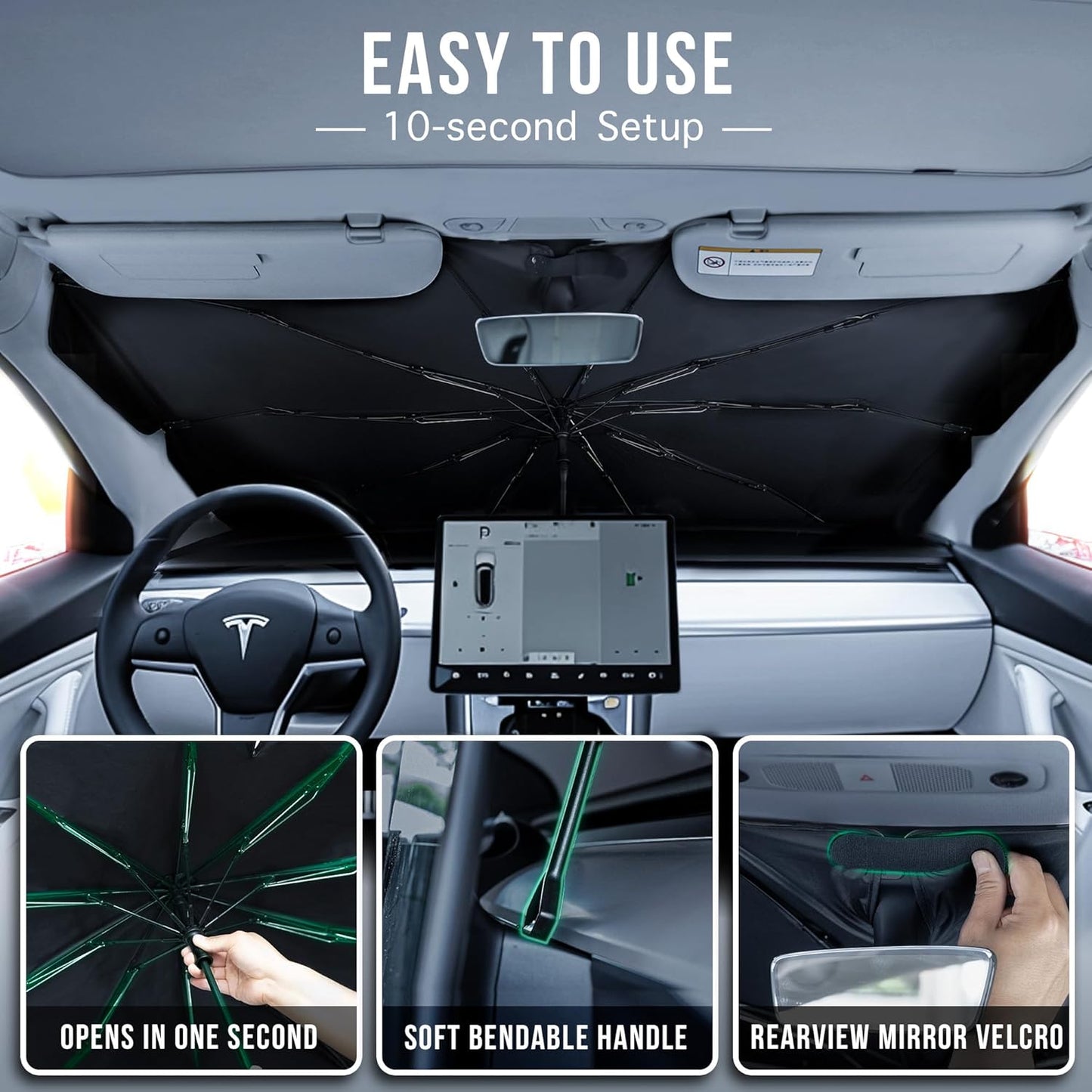 Otrifowd Tesla Model Y & Tesla Model 3 Windshield Sun Shade Umbrella, Retractable Sunshades for Front Window Block UV Rays Heat Keep Cool Protect Interior Easy Installation and Storage