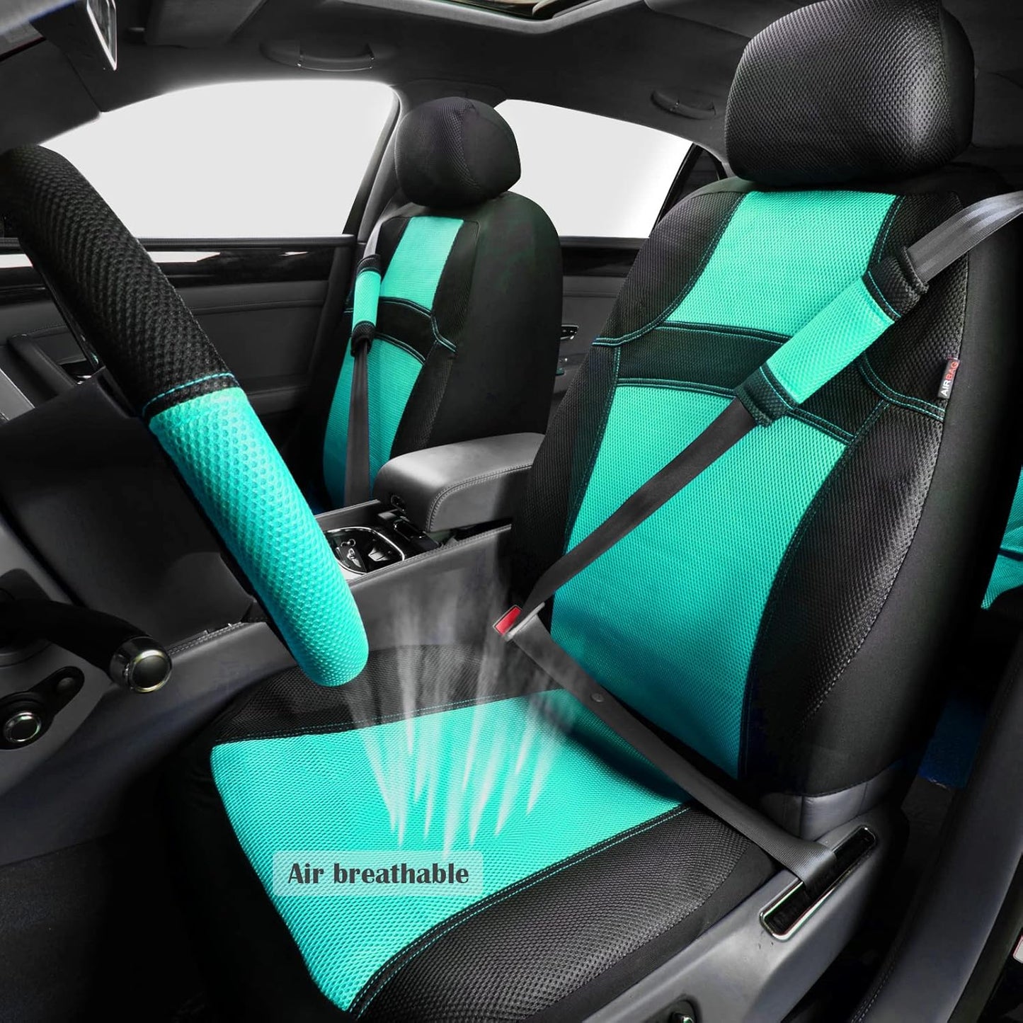 CAR PASS Universal 13PCS 3D Air Mesh-100% Breathable Seat Covers Full Sets#Steering Wheel&Belt Cover #Airbag and Rear Split Bench Compatible#for 90% Automotive SUV Truck Cute Women Black Mint