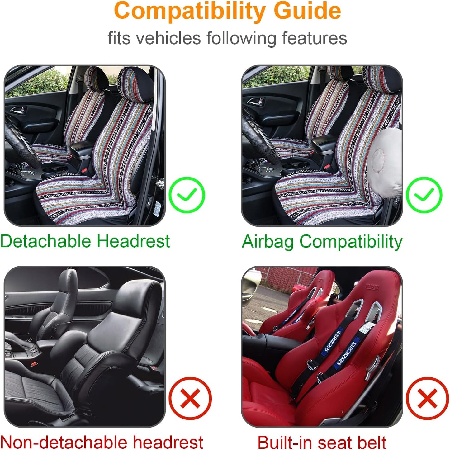 TIROL Universal 4PCS Front Seat Covers Detachable Headrest National Stripe Colorful Front Seat Protectors Suitable for Sedan SUV