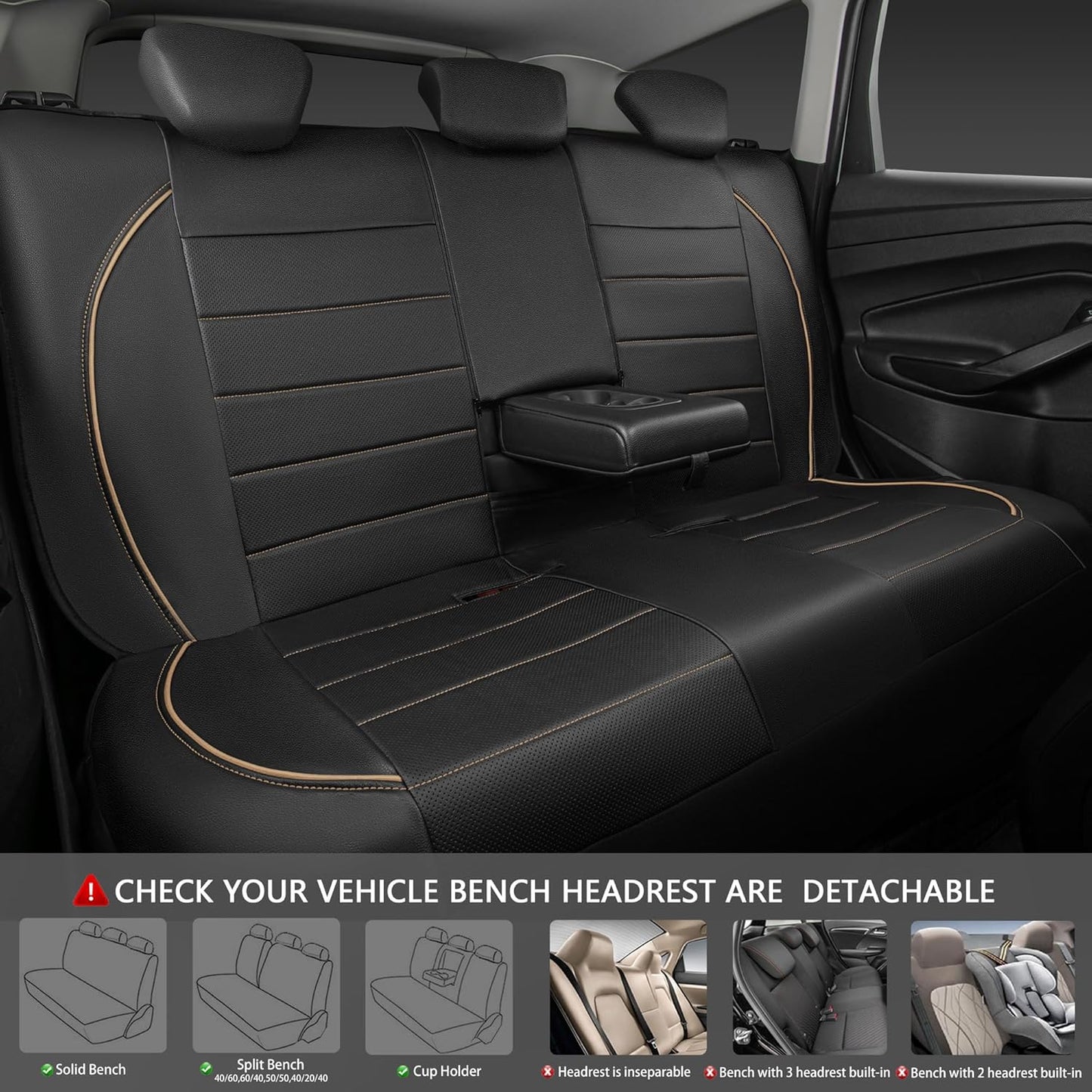 CAR PASS Universal FIT Piping Leather Car Seat Cover, for suvs,Van,Trucks,Airbag Compatible,Inside Zipper Design and Reserved Opening Holes (Full seat Covers, Black and Beige)