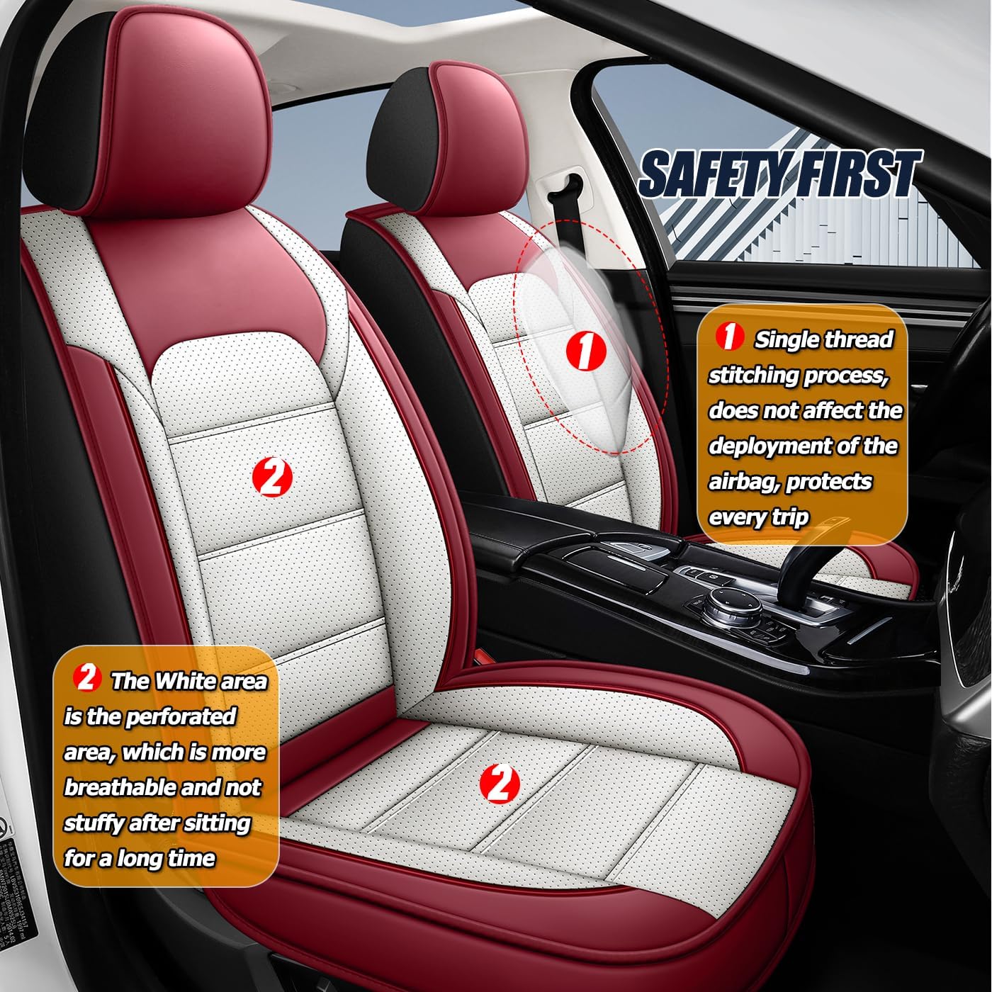 QUYDDC Car Seat Covers Full Set 3D Foam Back Support, 2 Front Seats Universal Fit for Most Trucks,Sedan and SUVs, Waterproof PU Leather Super Breathable, Storage Bags, All Season, Red +White