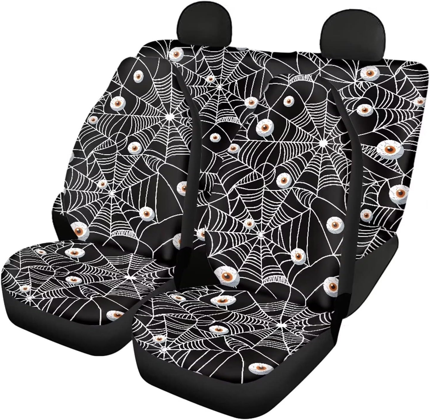 DISNIMO Spider Eyes Car Seat Cover Full Set for Women for Halloween Decorations, 4pcs Breathable Front Seat Rear Backrest Cover Soft Fabric Rear Bottom Bench Cover Universal Fit for Trucks Sedan SUV