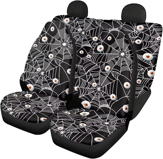 DISNIMO Spider Eyes Car Seat Cover Full Set for Women for Halloween Decorations, 4pcs Breathable Front Seat Rear Backrest Cover Soft Fabric Rear Bottom Bench Cover Universal Fit for Trucks Sedan SUV