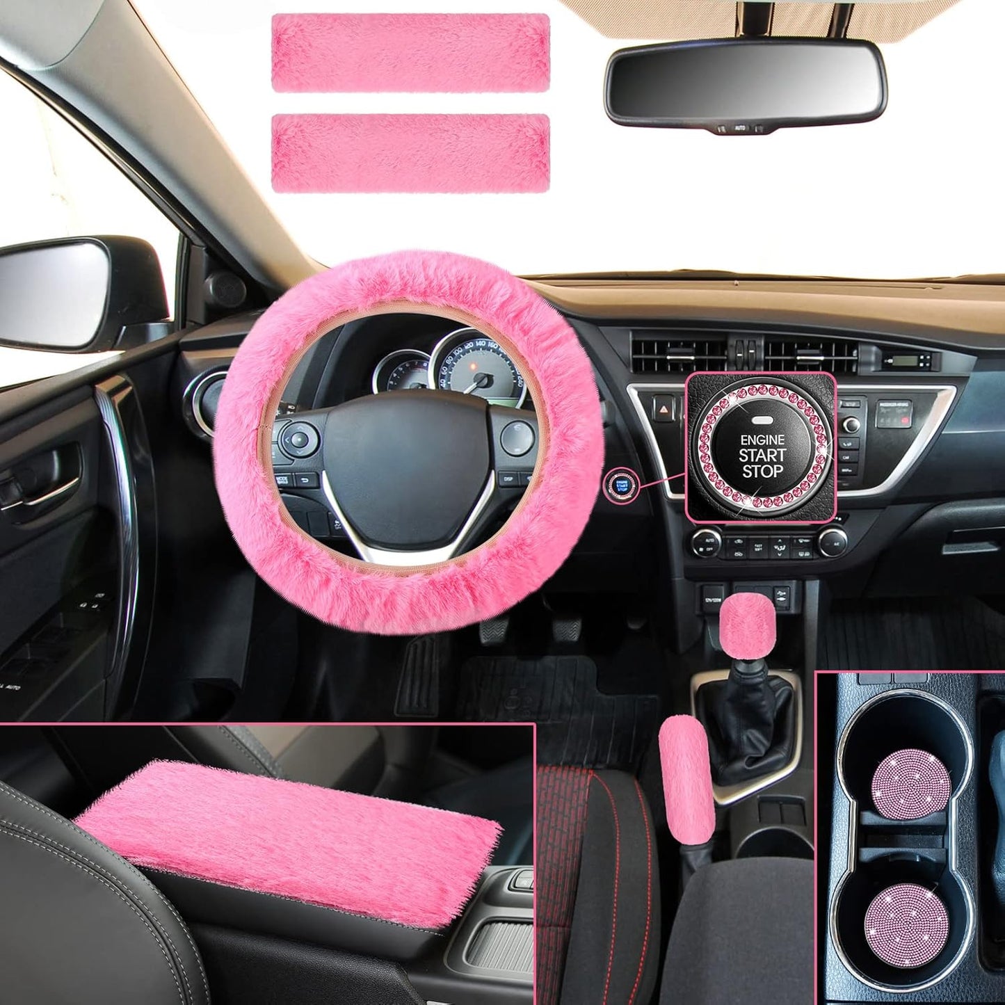 Frienda 10 Pcs Fluffy Car Steering Wheel Covers Handbrake and Gear Shift Cover Seat Belt Shoulder Pads Diamond Mat Ignition Ring Ball Key Chain Armrest Box Mat Car Accessories set(Pink)