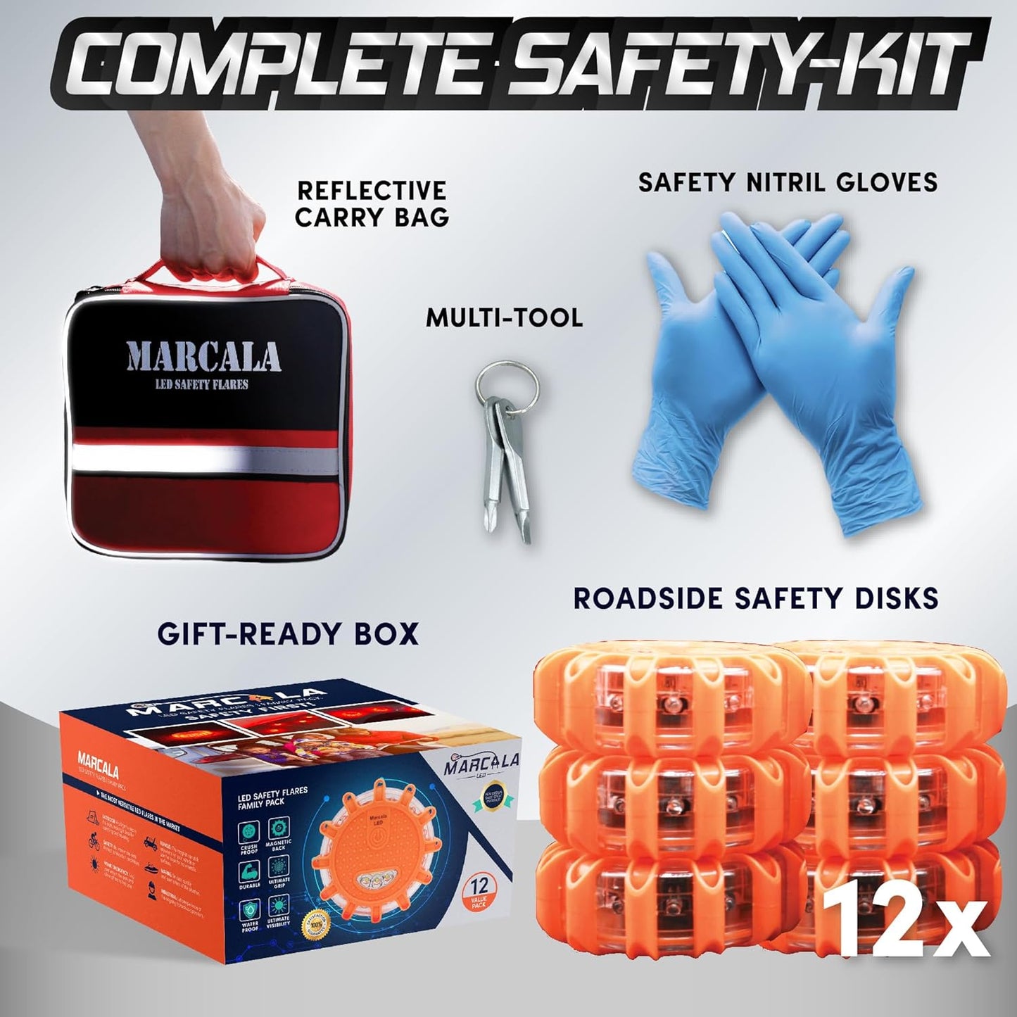 MARCALA Emergency Flares for Cars 12-Pack | Roadside Safety Discs | LED Safety Flare Emergency Lights | The only COMPLETE Safety Disc Kit w/ 2 Bonus Items! | Feel safer on the road!!