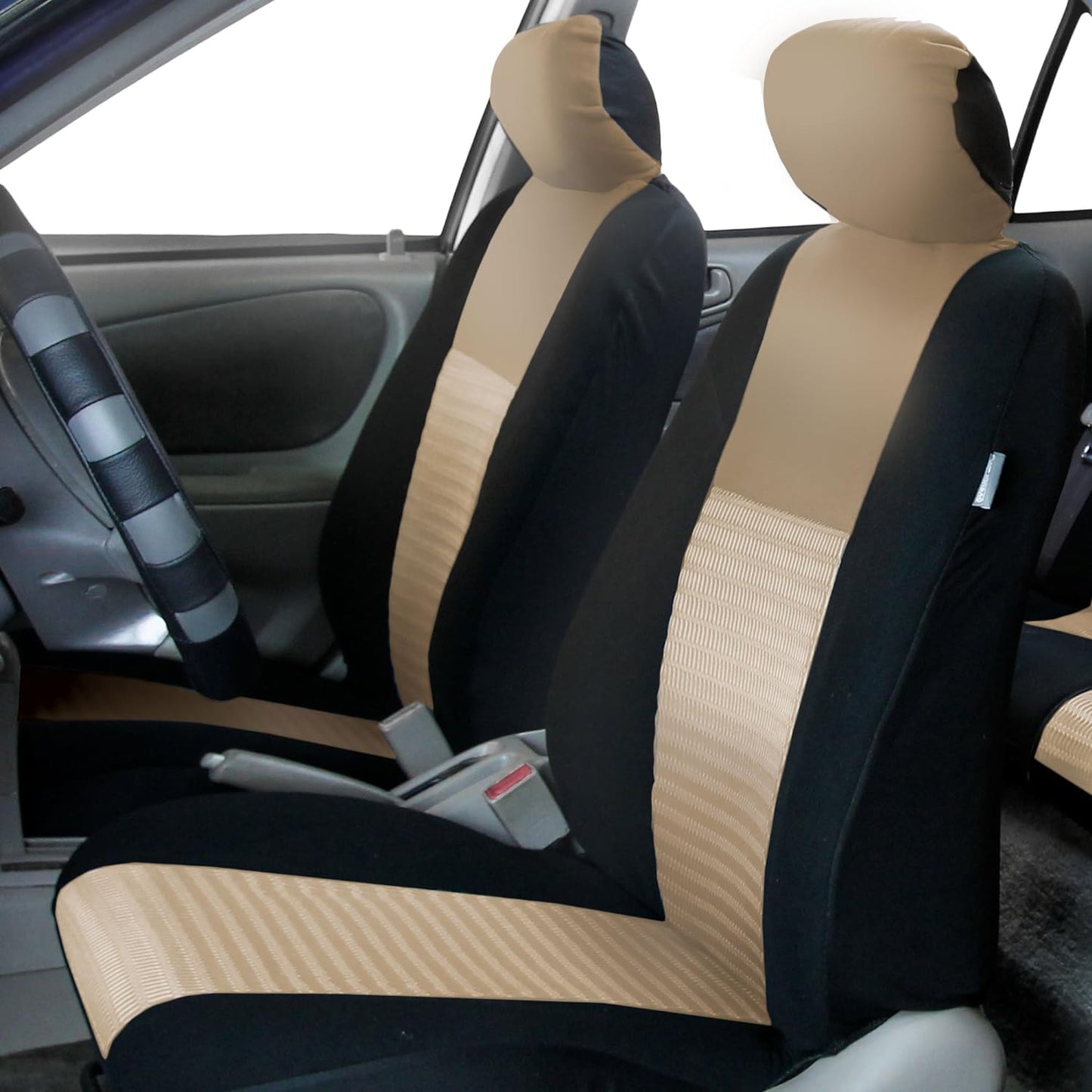FH Group Pair Bucket Fabric Seat Covers w. Detachable Headrest Airbag Compatible Beige