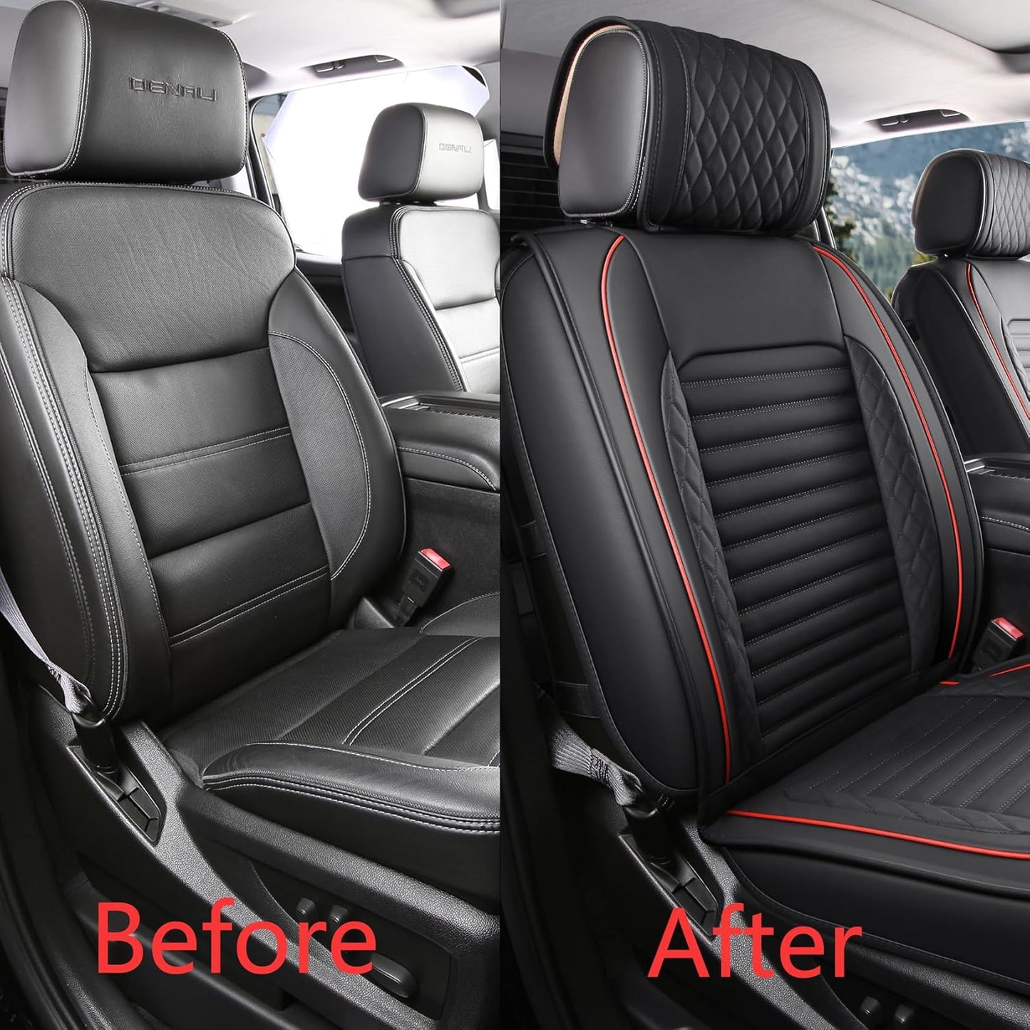 JOJOBAY Chevy Silverado Seat Covers,GMC Sierra Seat Covers,Custom Fit 2007-2024 1500 2500HD 3500HD Crew Double Extended Regular Cab,LT LZT RST Trail Boss(Front Pair,Black Red)