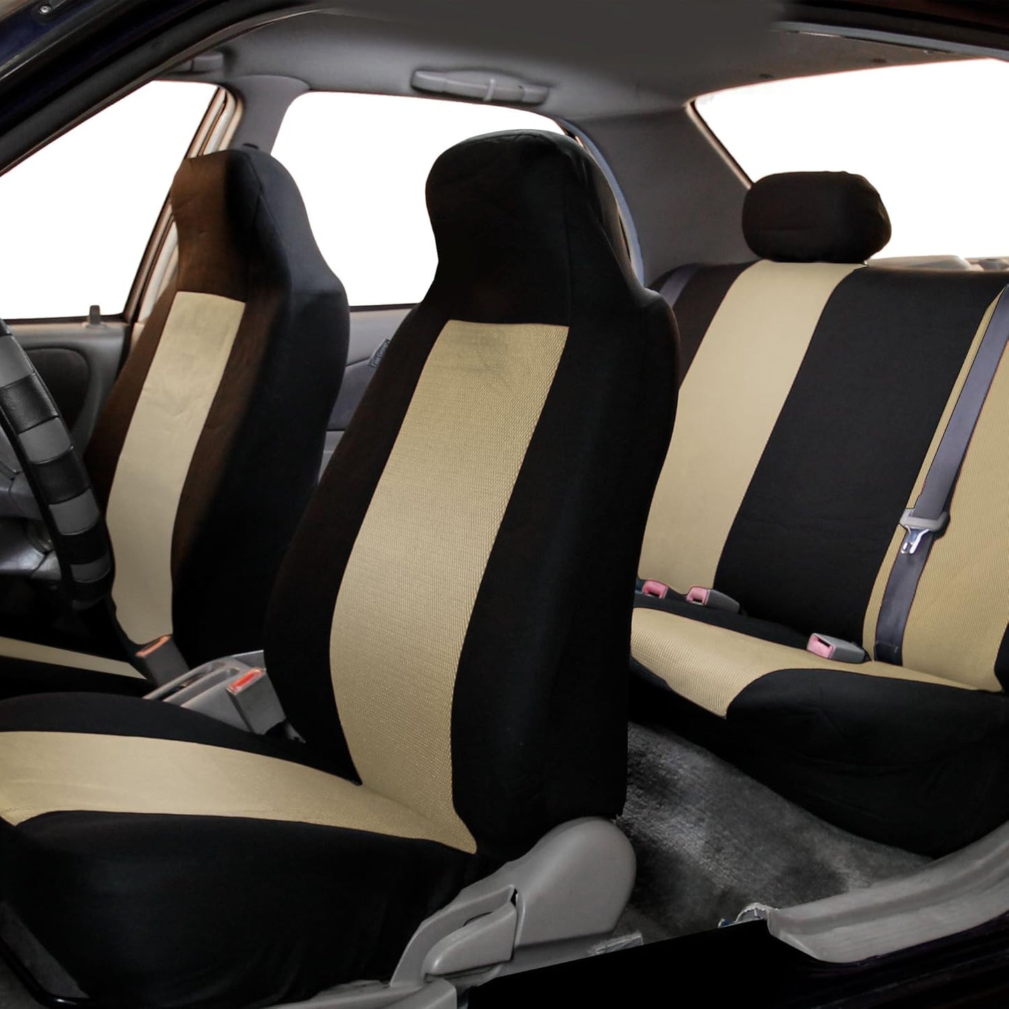 FH Group Fabric Fish Net Stitching Seat Covers W. 2 Rear Headrests and Solid Bench