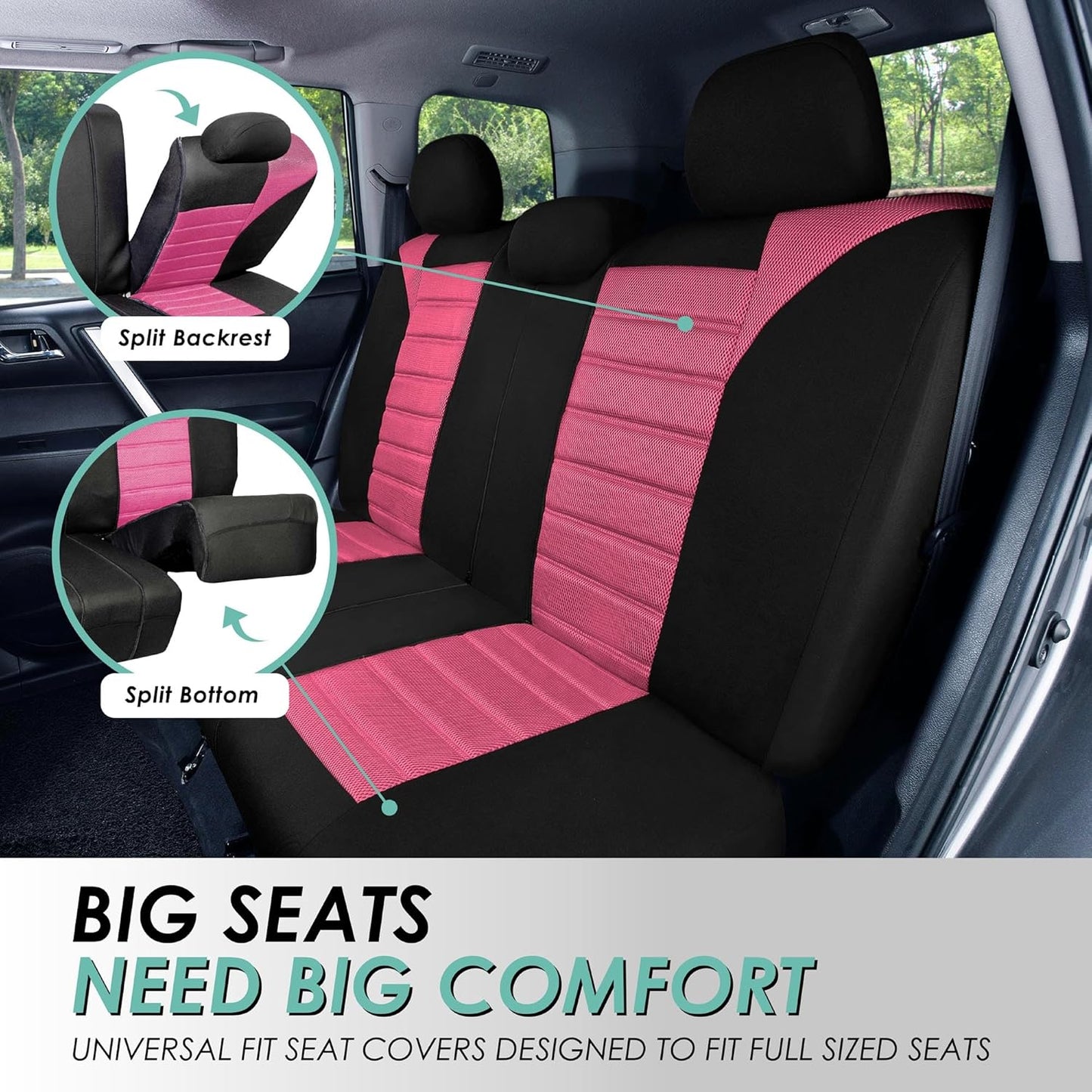 FH Group Car Seat Covers Full Set 3D Air Mesh - Universal Fit, Automotive Seat Covers, Low Back Seat Cover, Airbag Compatible,Split Bench Rear Seat,Washable Car Seat Cover for SUV, Sedan Pink