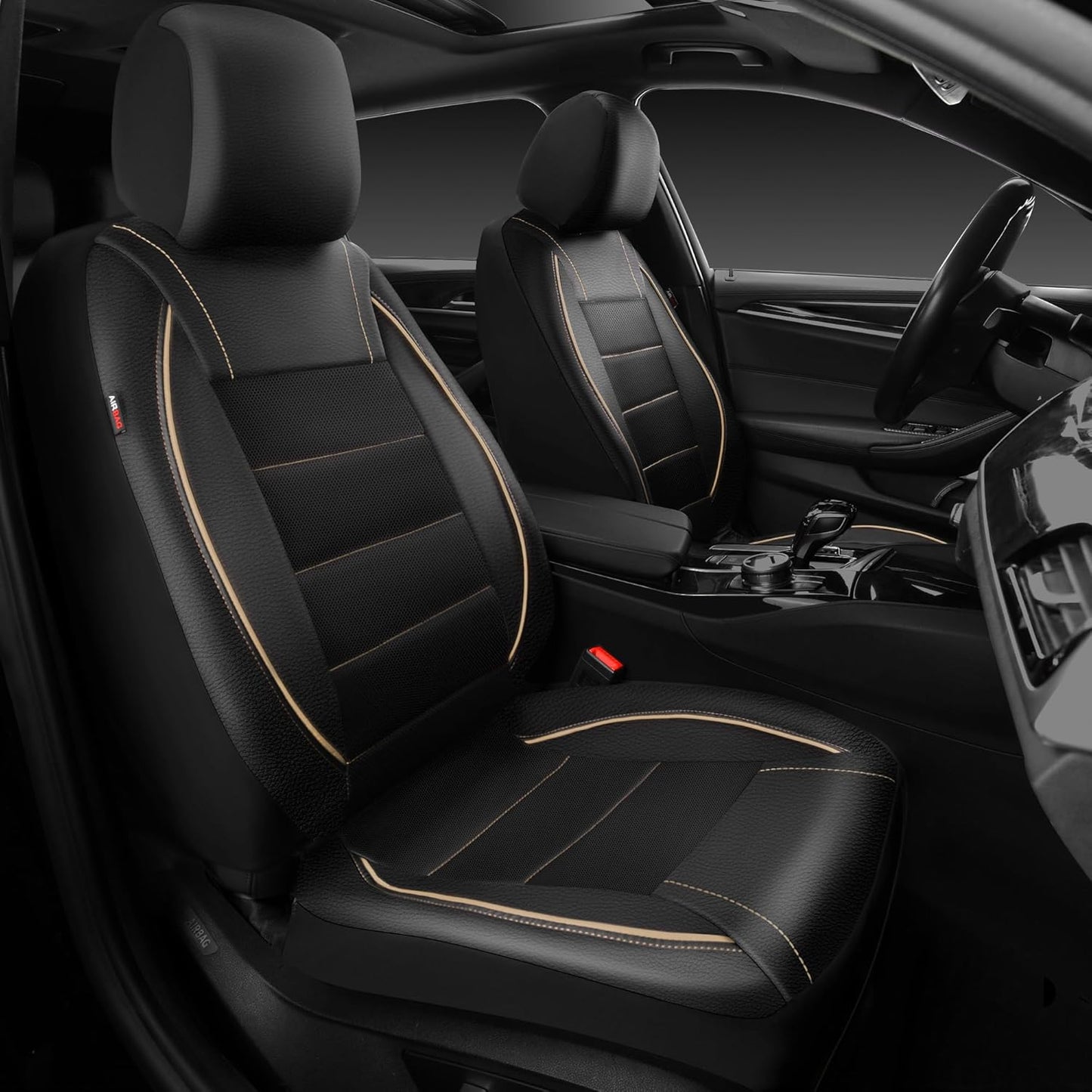 CAR PASS Universal FIT Piping Leather Car Seat Cover, for suvs,Van,Trucks,Airbag Compatible,Inside Zipper Design and Reserved Opening Holes (Full seat Covers, Black and Beige)