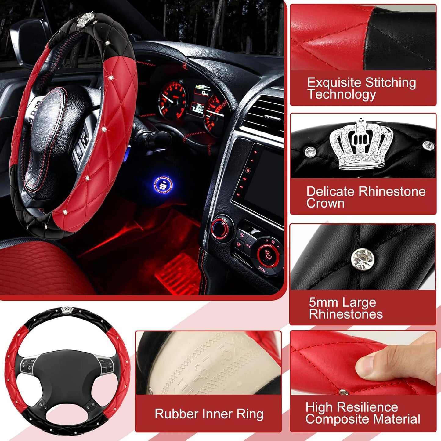 Lauwell 11 Pcs Red Seat Covers Universal Leather Cover for Women 2/3 Covered Gorgeous Steering Wheel Car Neck Pillow Belt Pads Start Button Auto Cup Holder Fit SUV