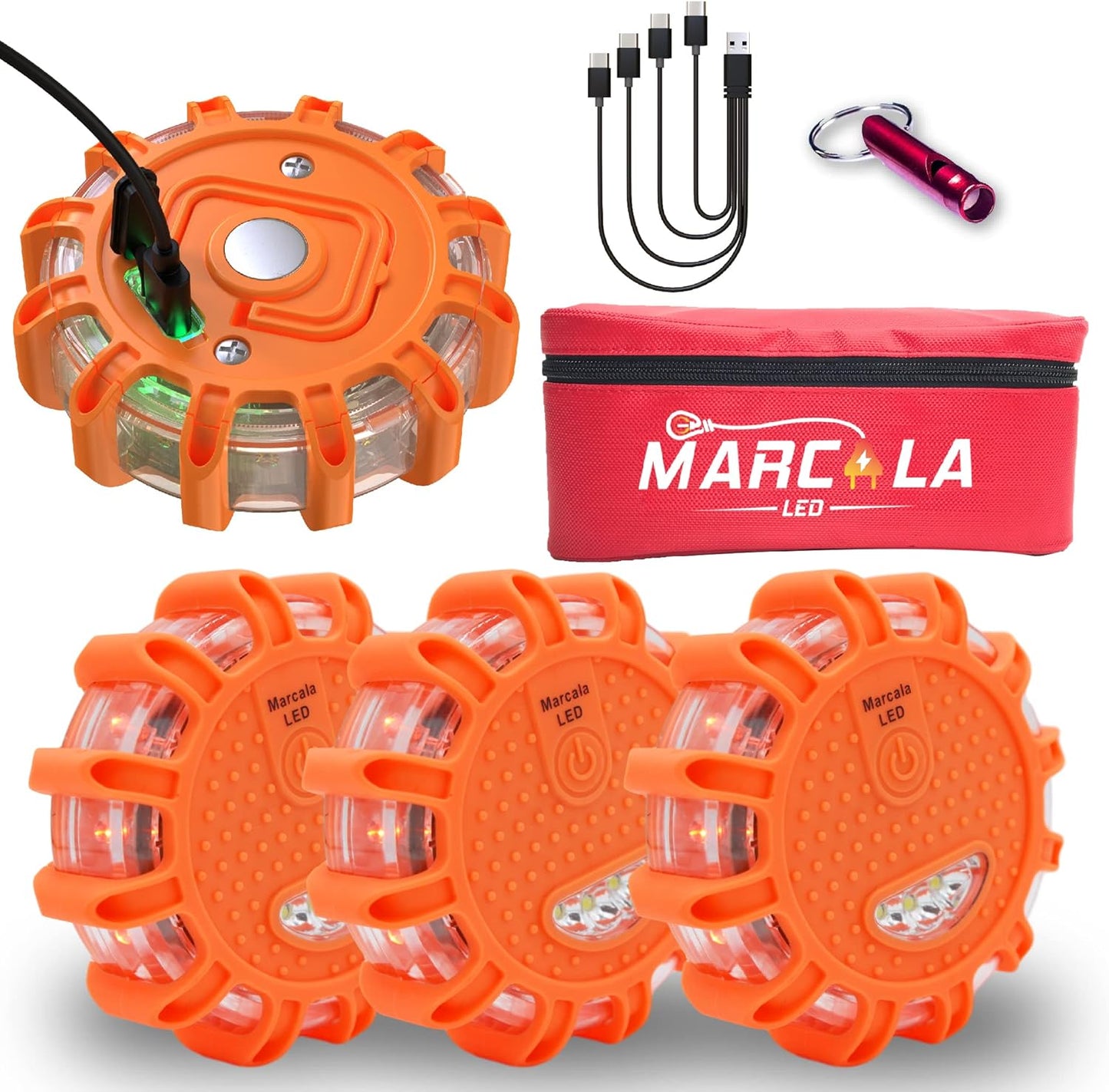 MARCALA Emergency Flares for Cars 12-Pack | Roadside Safety Discs | LED Safety Flare Emergency Lights | The only COMPLETE Safety Disc Kit w/ 2 Bonus Items! | Feel safer on the road!!