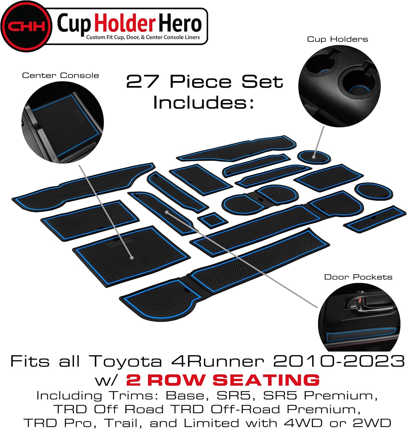CupHolderHero Fits Toyota 4Runner 2019-2024 Accessories - Custom Non-Slip Anti-Dust Cup Holder Inserts, Center Console Liners, Door Pocket Mats, Interior Protection, 27pc Set, 2 Rows, Blue Trim