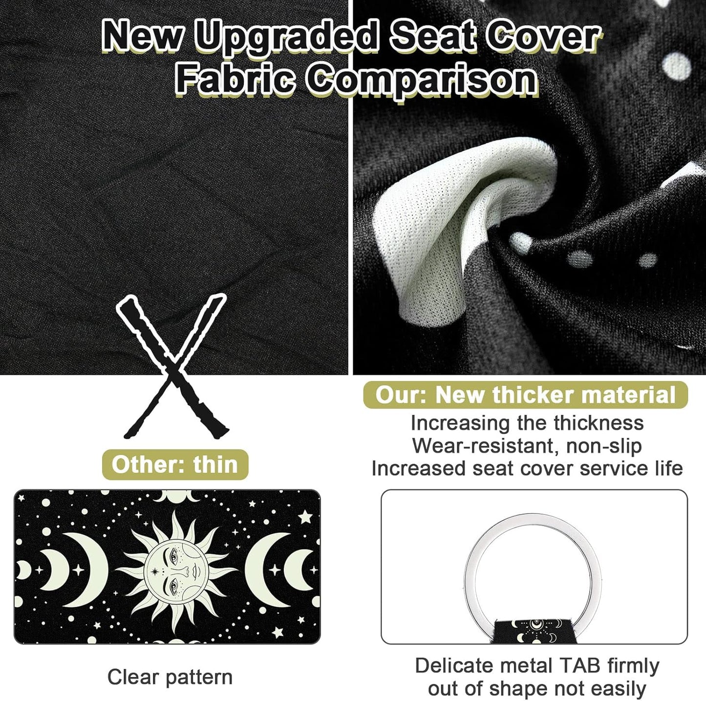 Fiada 10 Pcs Moon Star Car Seat Covers Full Set Car Accessories for Women Front Seat Cover Steering Wheel Armrest Cover Belt Cover Cup Holder for Auto SUV Interior Decoration(Witch)