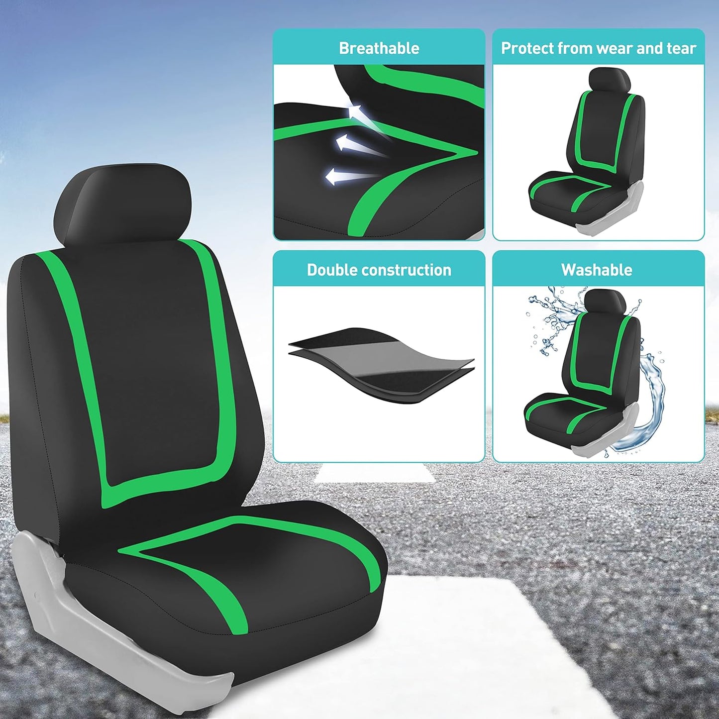 FH Group Car Seat Covers Full Set Cloth-Universal Fit Automotive Seat Covers, Low Back Front Seat Covers, Solid Back Seat Cover, Washable Car Seat Cover for SUV, Sedan and Van Green