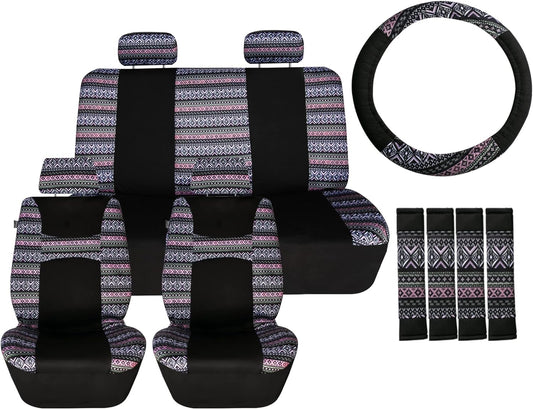 FH Group Car Seat Covers Full Set Southwestern Print Cloth - Universal Fit Automotive Seat Covers, Low Back Front Seat Covers, Solid Back Seat Cover, Washable Car Seat Cover for SUV, Sedan Lavendar