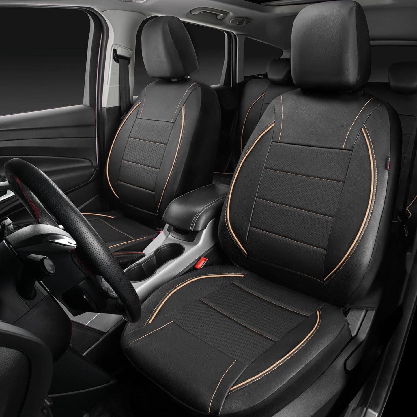 CAR PASS Universal FIT Piping Leather Car Seat Cover, for suvs,Van,Trucks,Airbag Compatible,Inside Zipper Design and Reserved Opening Holes (Full seat Covers, Black and Beige)