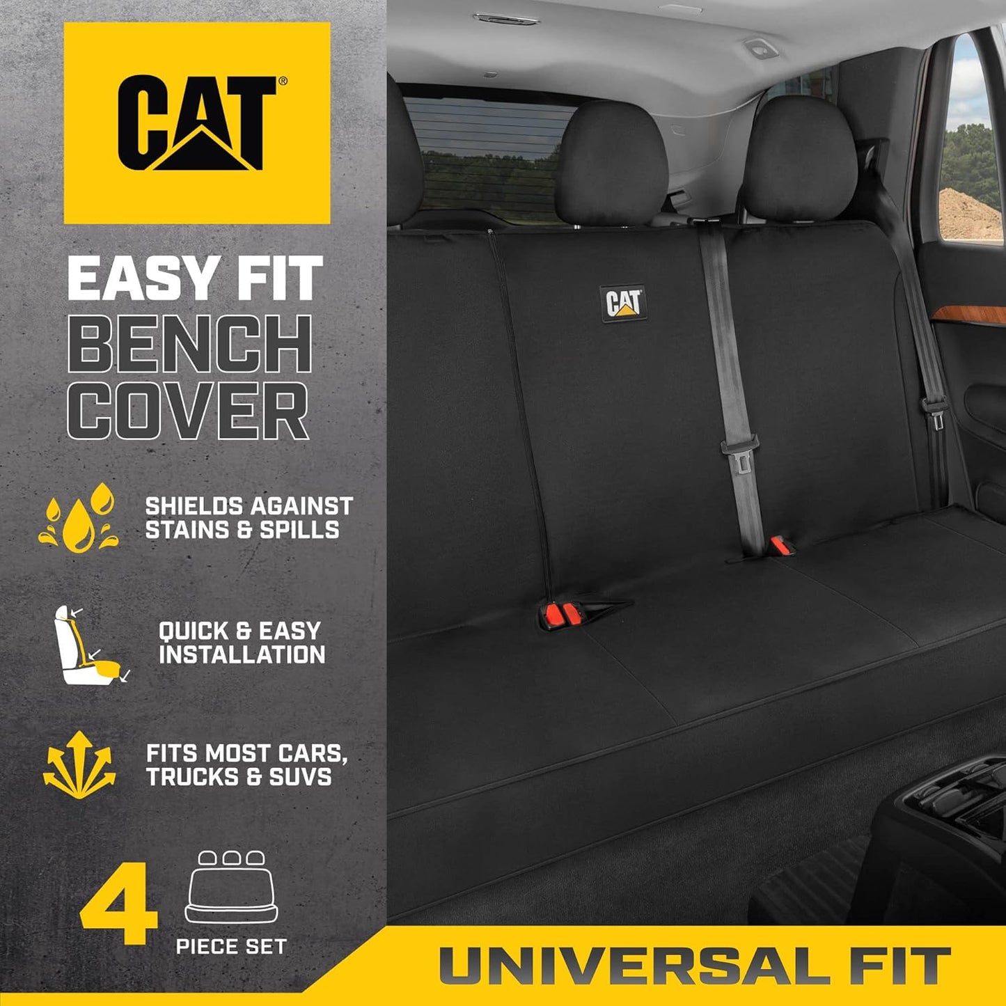Cat Flexfit Black Rear Seat Cover for Car - Durable Canvas Material Back Car Seat Covers 60/40 Split Bench Protector – Back Seats Cover for Truck & SUV Rear Bench Protector Interior Car Accessories