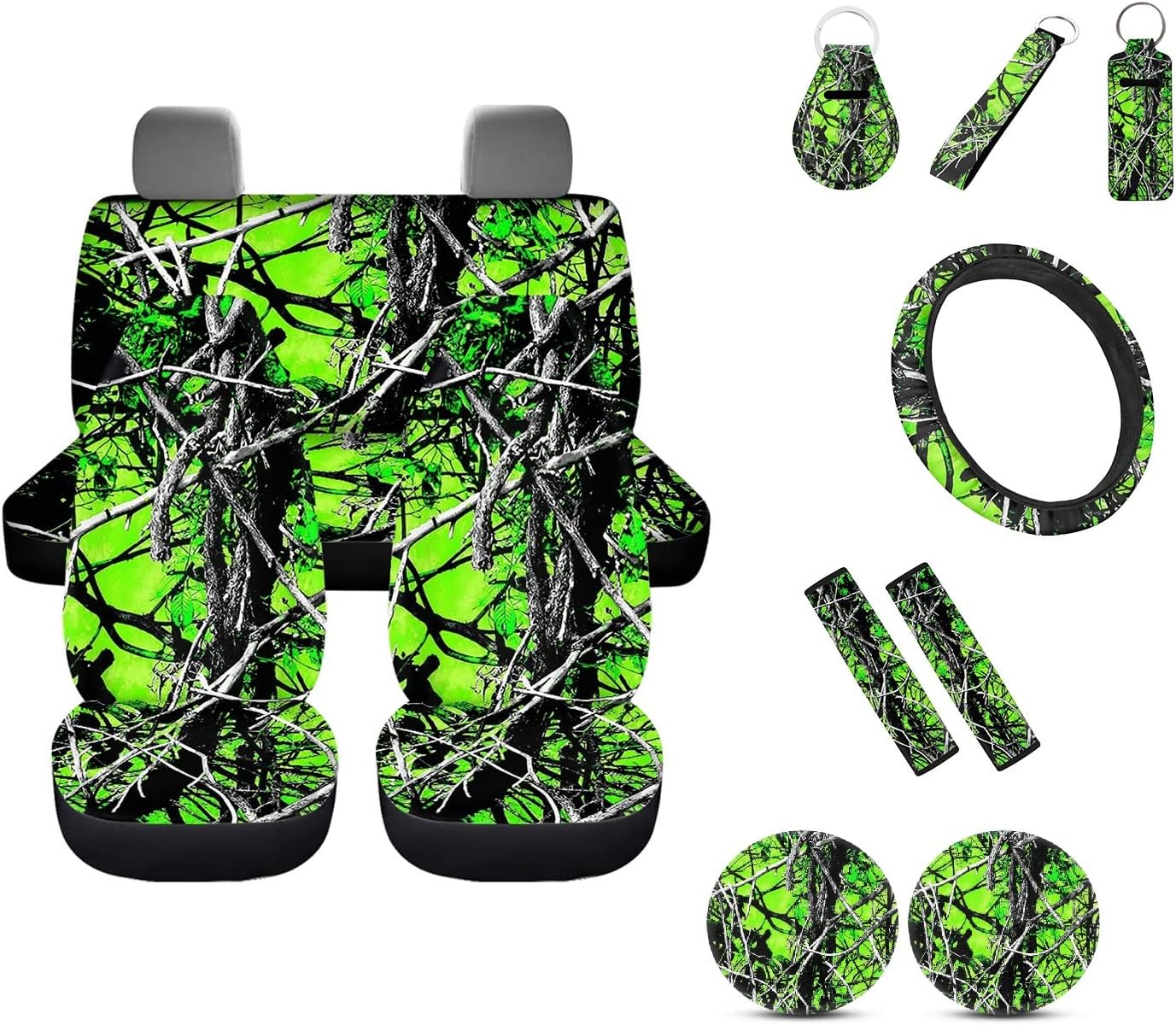 Wideasale Blue Camo Oak Hunting 12Pc Car Seat Covers Full Set/Steering Wheel Covers/Seat Belt Pads/Key Chain/Coaster/Lipstick Holder Universal Auto Accessories Interior Protector Universal Fit