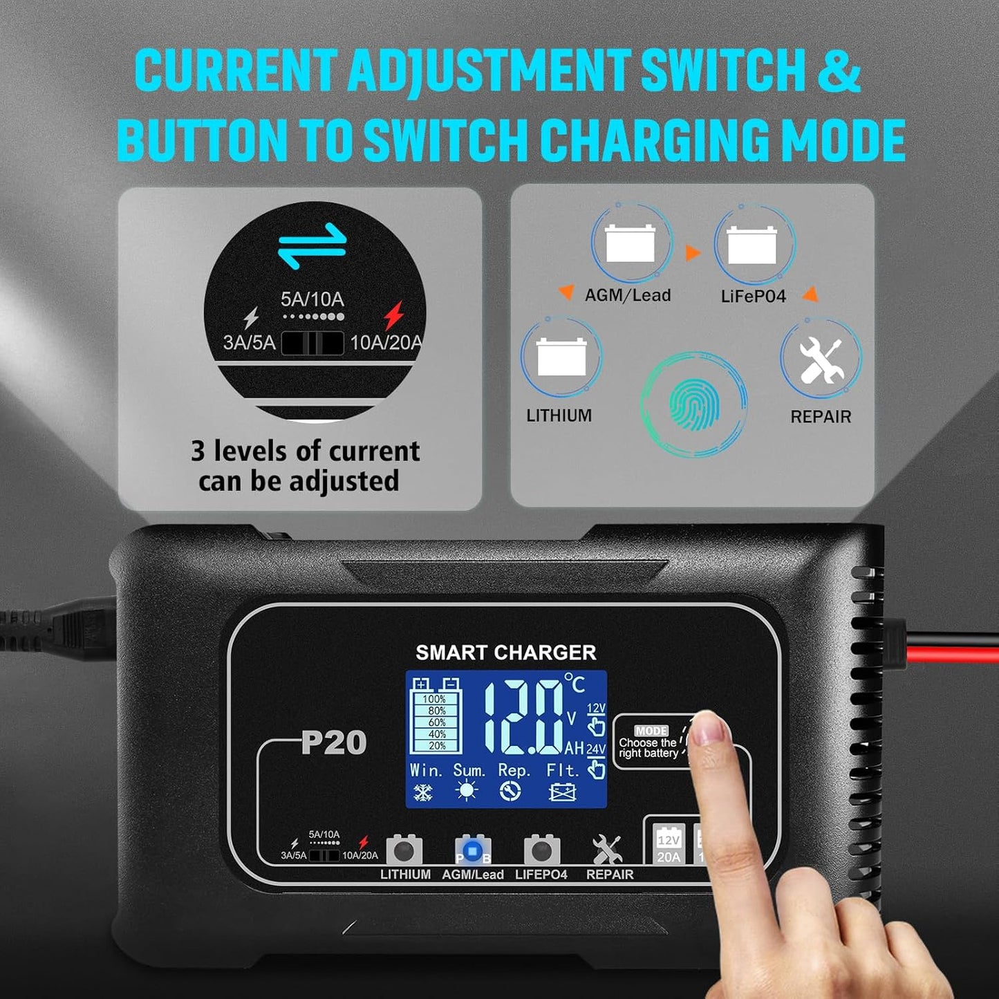 20-Amp Smart Battery Charger,12V/20A and 24V/10A.Lithium,Lifepo4,Lead-Acid(AGM/Gel/SLA..) Car Battery Charger,Trickle Charger, Maintainer/Pulse Repair Charger,for Car,Boat,Motorcycle, Lawn Mower