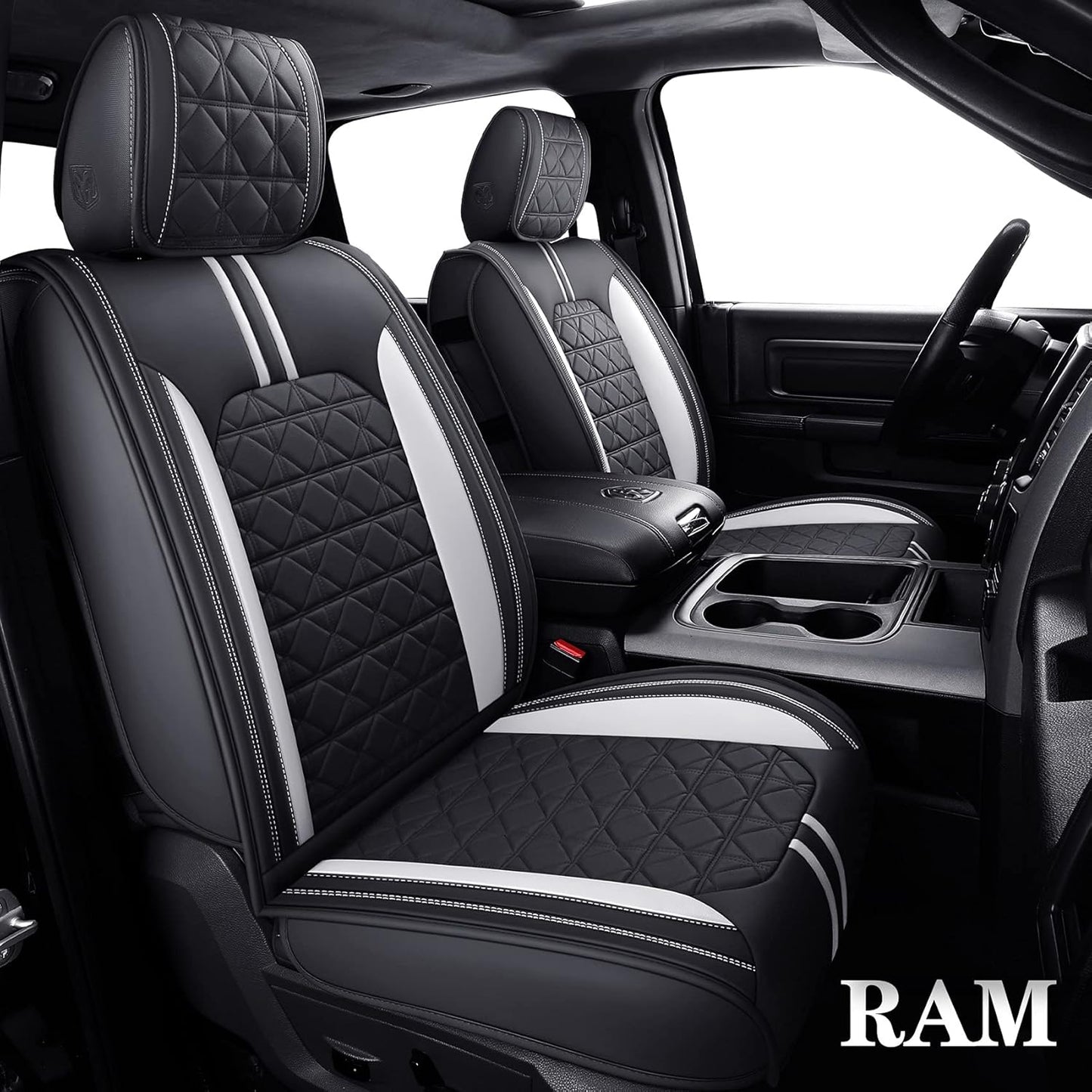 YIERTAI for Dodge RAM Seat Covers Fit 2009-2023 2024 2025 1500 2500 3500HD Crew Double Cab Quad Cab Big Long Horn Rebel Tradesman Laramie Truck Waterproof Leather TSWKM Style(2 PCS Front/Black-White)
