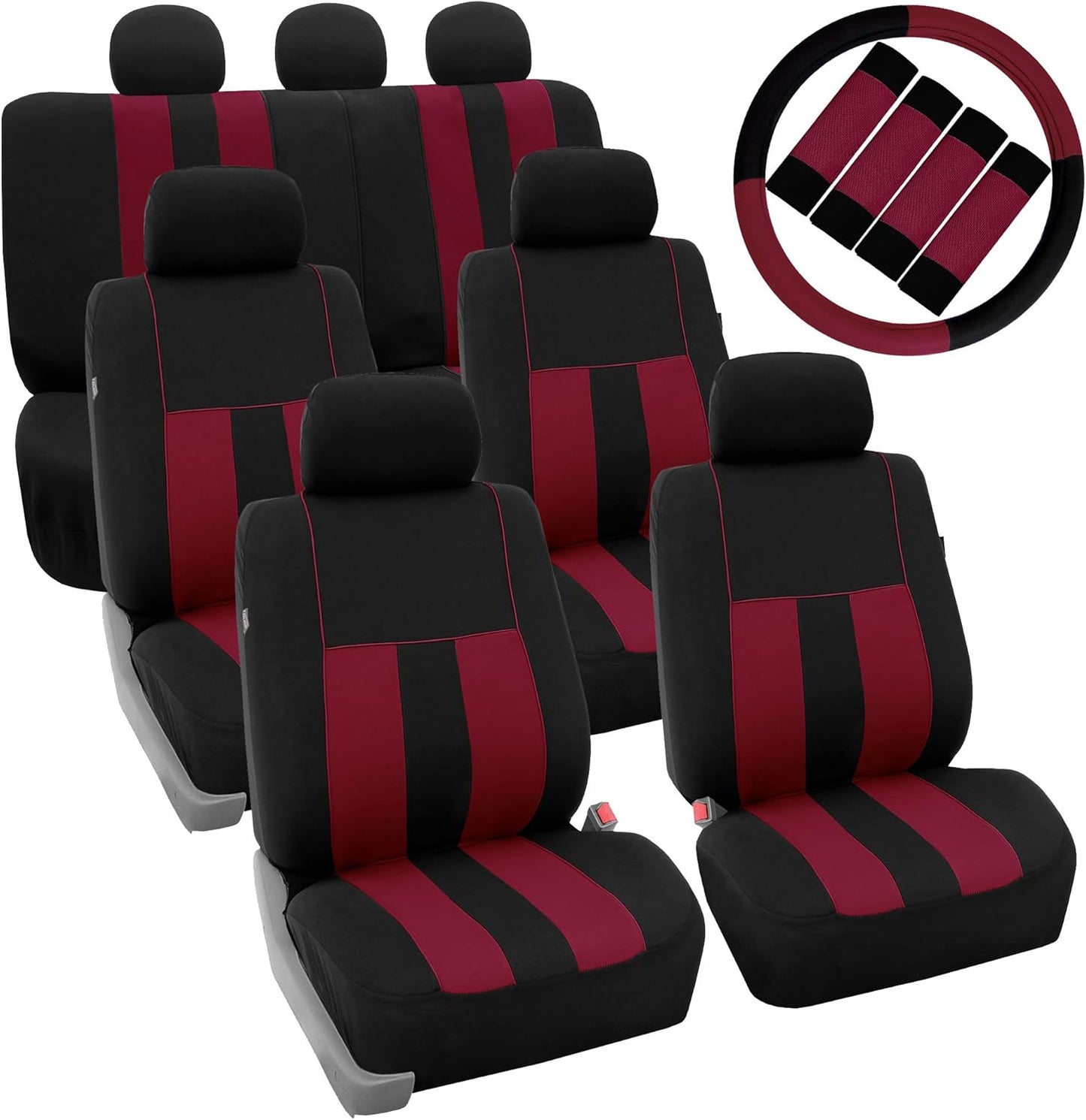 FH Group Three Row 7 Seater Combo Set Striking Striped Car Seat Covers with Steering Wheel Cover and Seat Belt Pads - Universal Fit for Most Cars, Trucks, SUVs or Vans Pink/Black