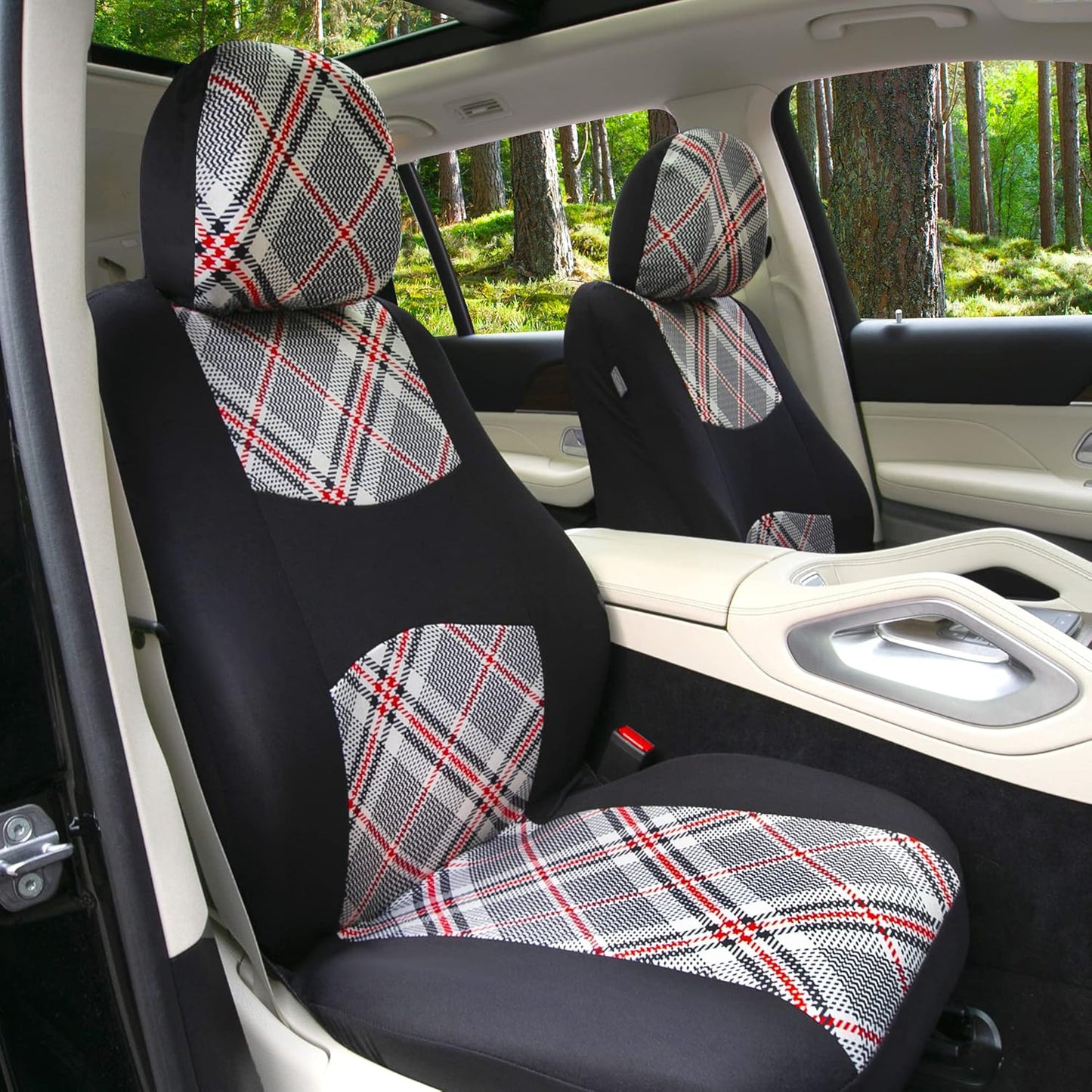 FH Group Car Seat Covers Full Set Plaid Print Cloth - Universal Fit Automotive Seat Covers, Low Back Front Seat Covers, Solid Back Seat Cover, Washable Car Seat Cover for SUV, Sedan, Van Beige