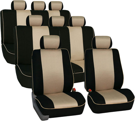 FH Group Car Seat Covers Three Row 8 Seater Cloth Car Seat Covers with Piping (Airbag and Split Ready) - Universal Fit for Cars Trucks & SUVs Beige/Black
