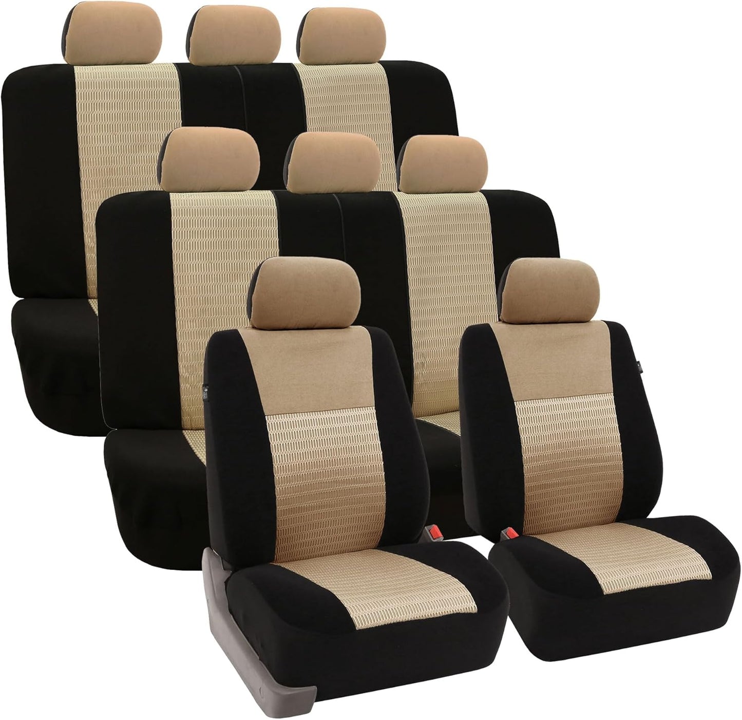 FH Group Car Seat Covers Three Row Set 7 Headrest Covers Car Accessories Universal Fit, Trendy Elegance 3D Air Mesh Airbag Compatible and Split Ready Beige Interior Accessories for Cars Trucks SUV