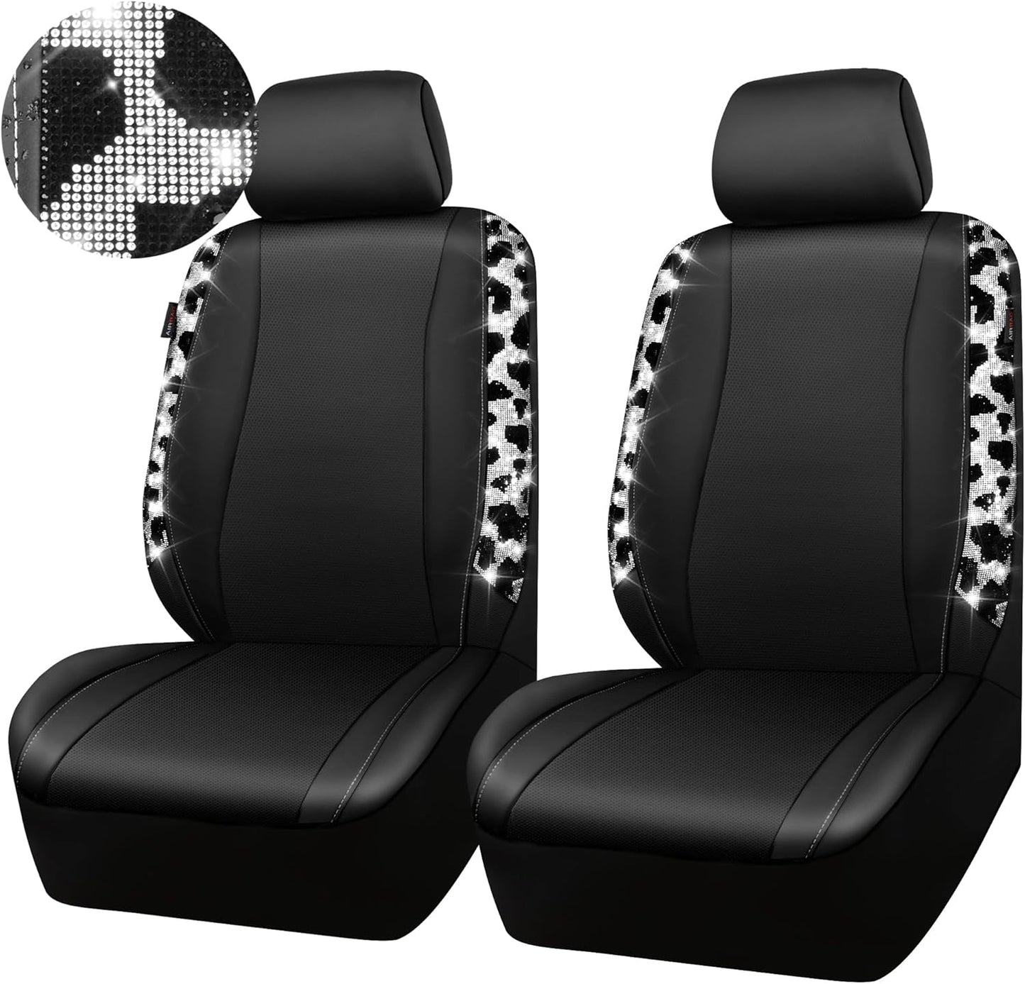 CAR PASS Bling Car Seat Covers Full Set, Shining Glitter Rhinestone Diamond Waterproof Faux Leather Interior Sets Universal Fit Automotive Glitter Crystal Sparkle Strips for Cute Women Girl, Beige