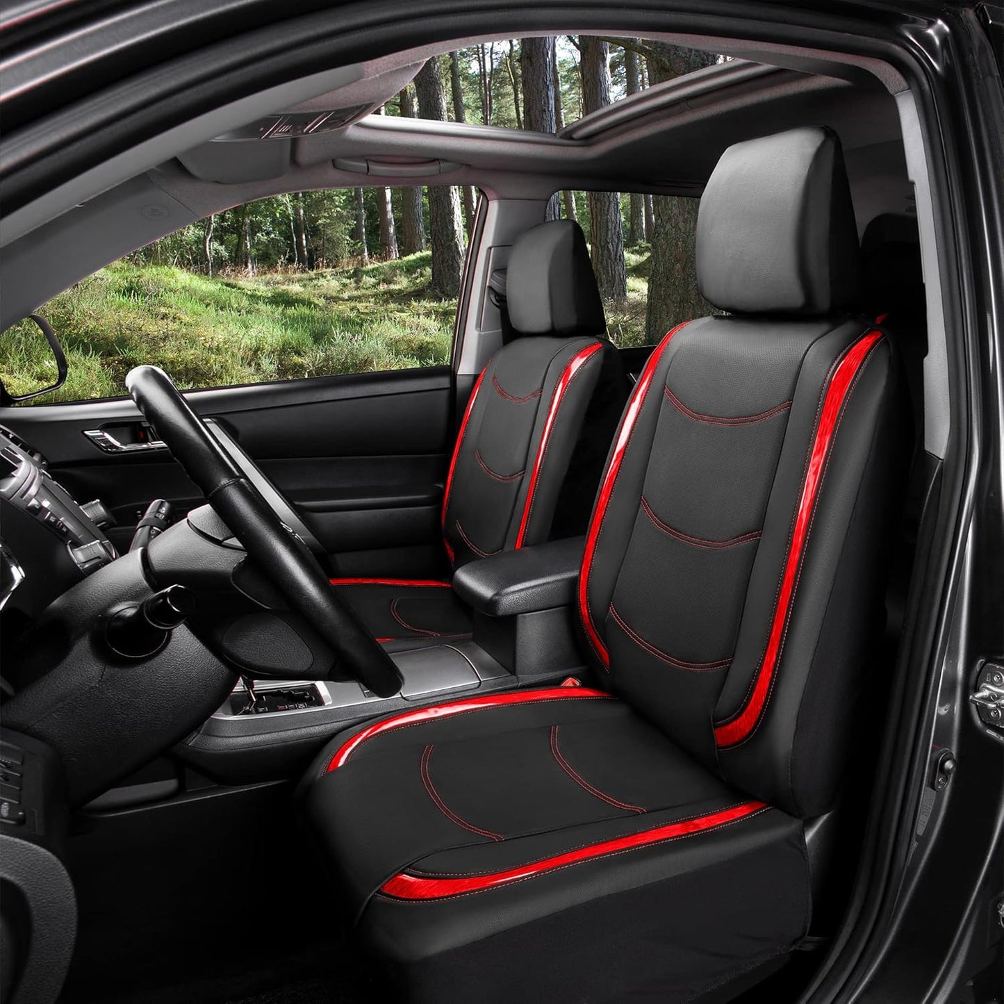 FH Group Full Set Faux Leather Car Seat Covers - Universal Fit, Low Back Front Seat Covers, Airbag Compatible, Split Bench Rear, Seat Cover for SUV, Sedan, Red
