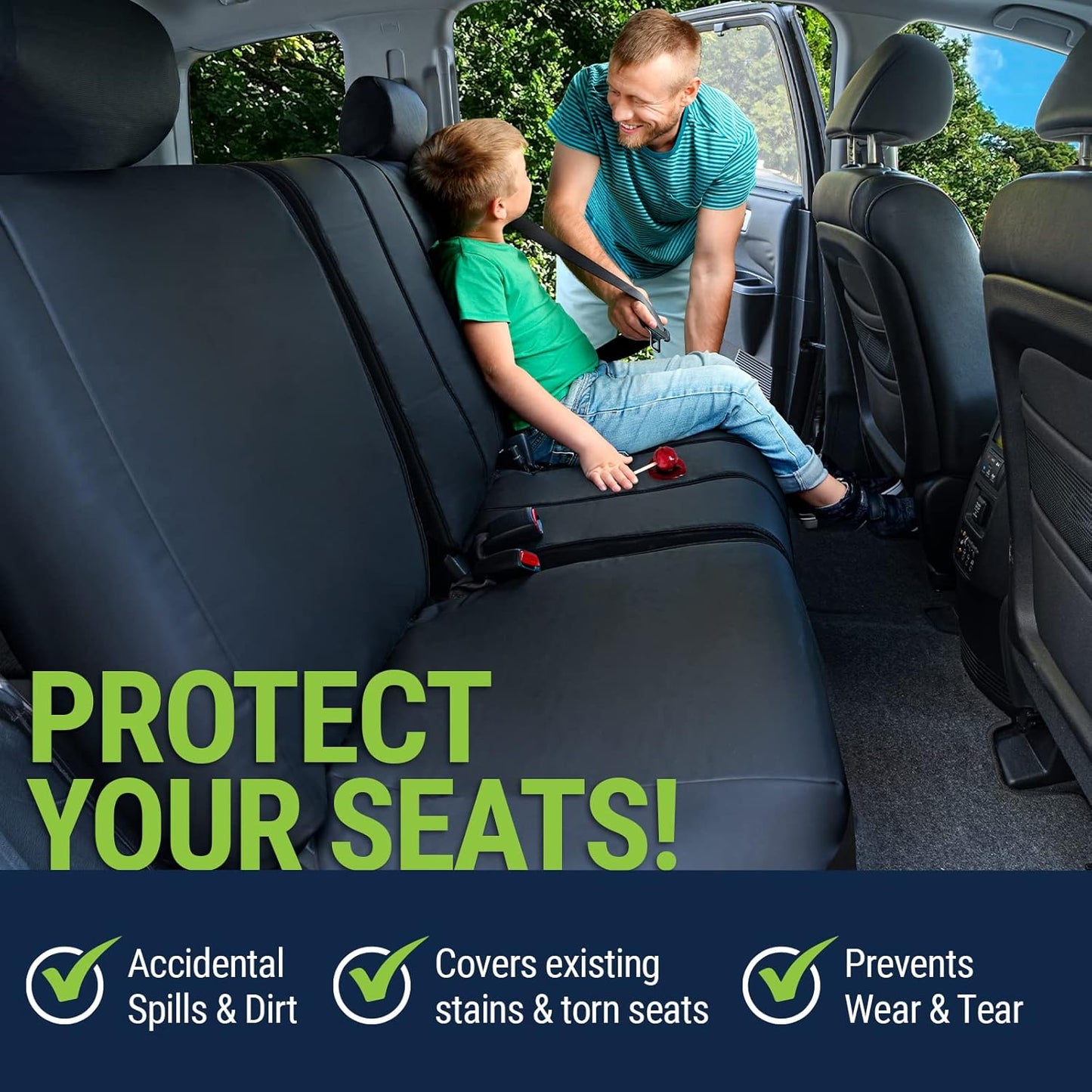 Season Guard SUV 3rd Row Rear Bench Seat Cover for All Split Back Seats; for Folding Bench with 60 40 or 40 60 or Fixed Third Row Backseat; Easy to Clean; Universal; Black Faux Leather
