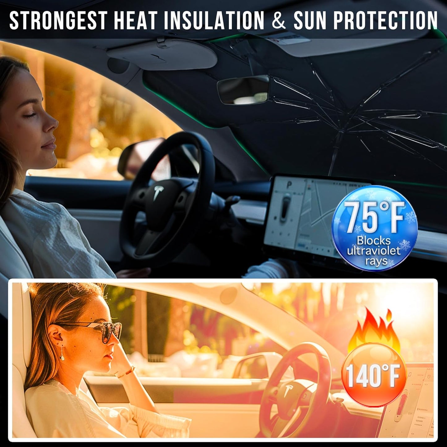 Otrifowd Tesla Model Y & Tesla Model 3 Windshield Sun Shade Umbrella, Retractable Sunshades for Front Window Block UV Rays Heat Keep Cool Protect Interior Easy Installation and Storage