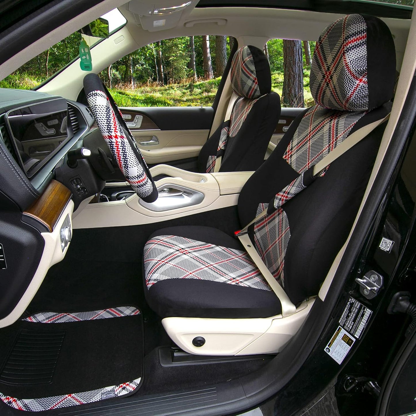 FH Group Car Seat Covers Full Set Plaid Print Cloth - Universal Fit Automotive Seat Covers, Low Back Front Seat Covers, Solid Back Seat Cover, Washable Car Seat Cover for SUV, Sedan, Van Beige