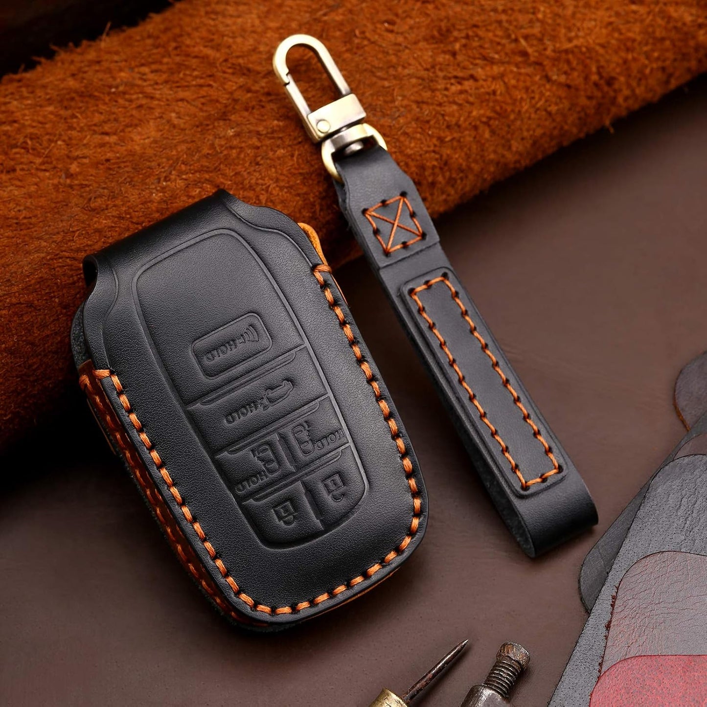 3W Key Fob Cover Case Compatible for Toyota Sienna 2021,Genuine Leather Remote Fob Cover with Keychain Soft Leather 360 Degree Protection,6 Buttons,Pack of 2,Black & Brown
