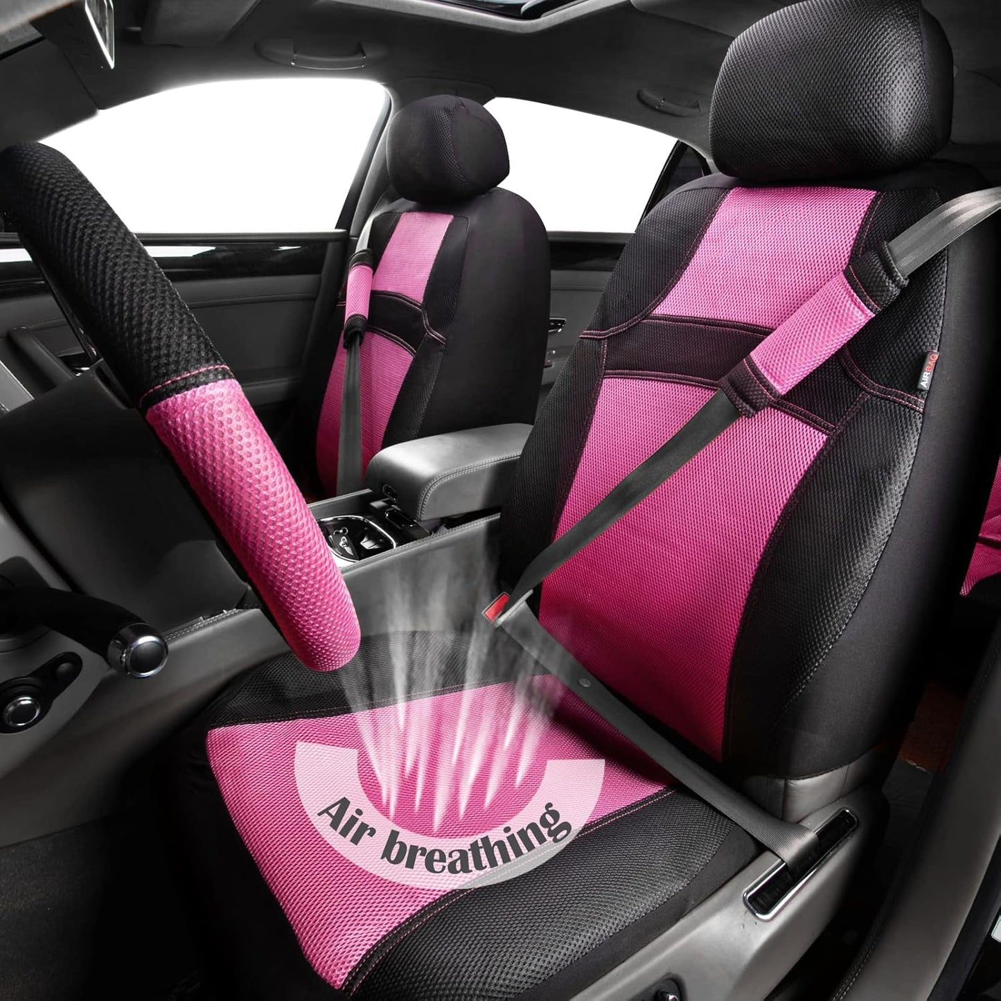 CAR PASS Universal 13PCS 3D Air Mesh-100% Breathable Seat Covers Full Sets#Steering Wheel&Belt Cover #Airbag and Rear Split Bench Compatible#for 90% Automotive SUV Truck Cute Women Black Mint