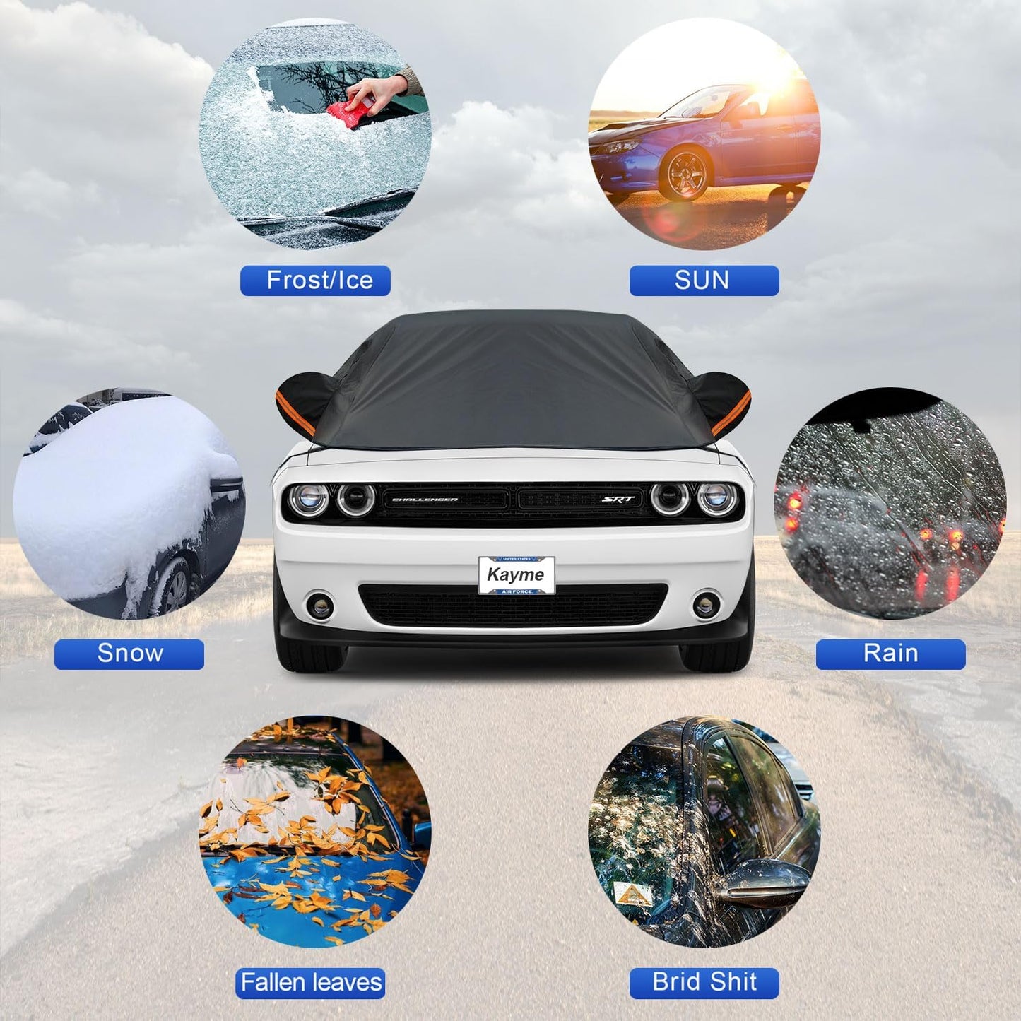 Kayme Half Car Cover, Windshield Cover for SUV, Waterproof, Snowproof, Sun Protection, Black, Universal Fit SUV (157 * 59 * 23 inch)