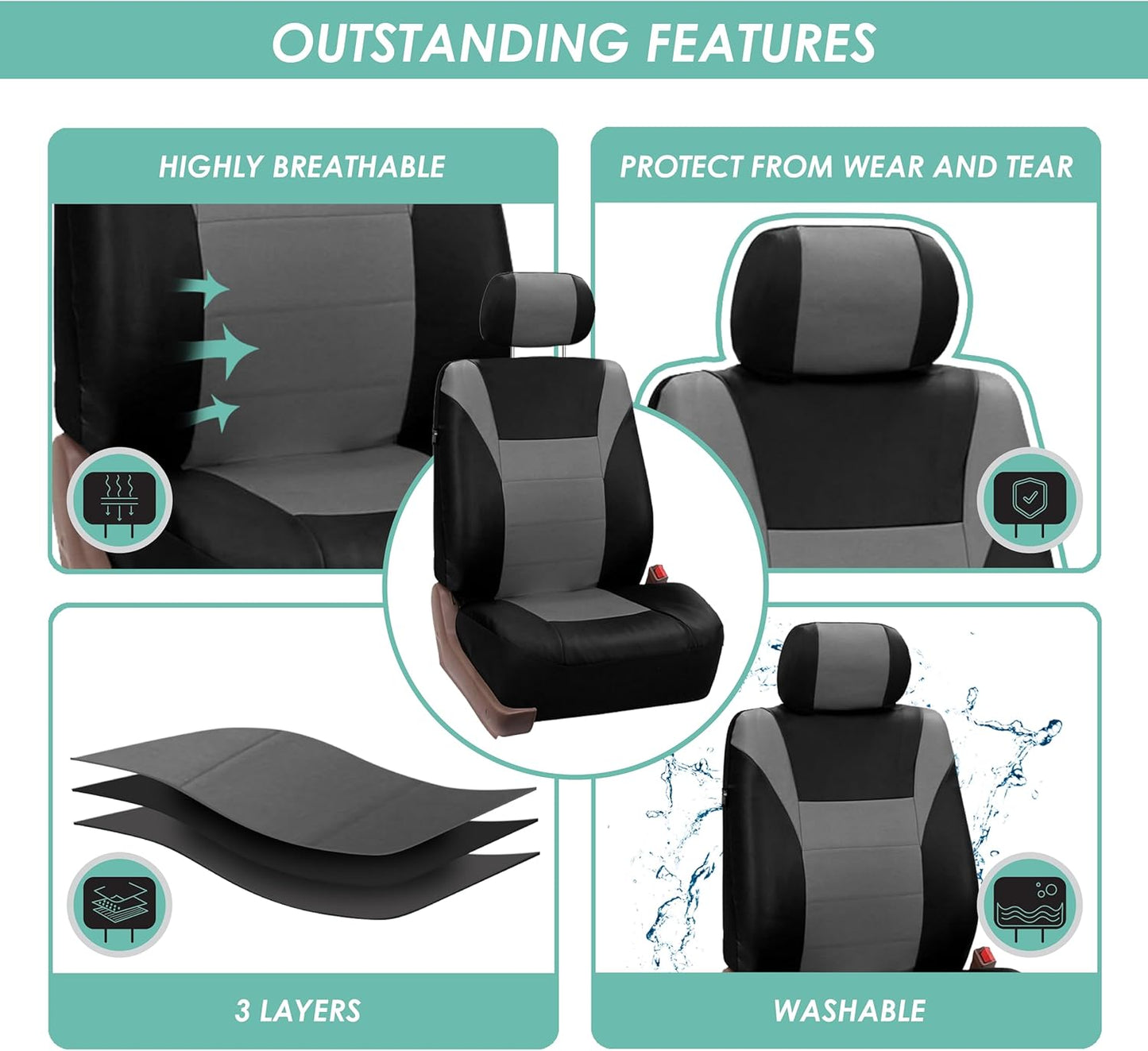 FH Group Racing PU Leather Seat Covers Airbag Compatible & Rear Split Gray