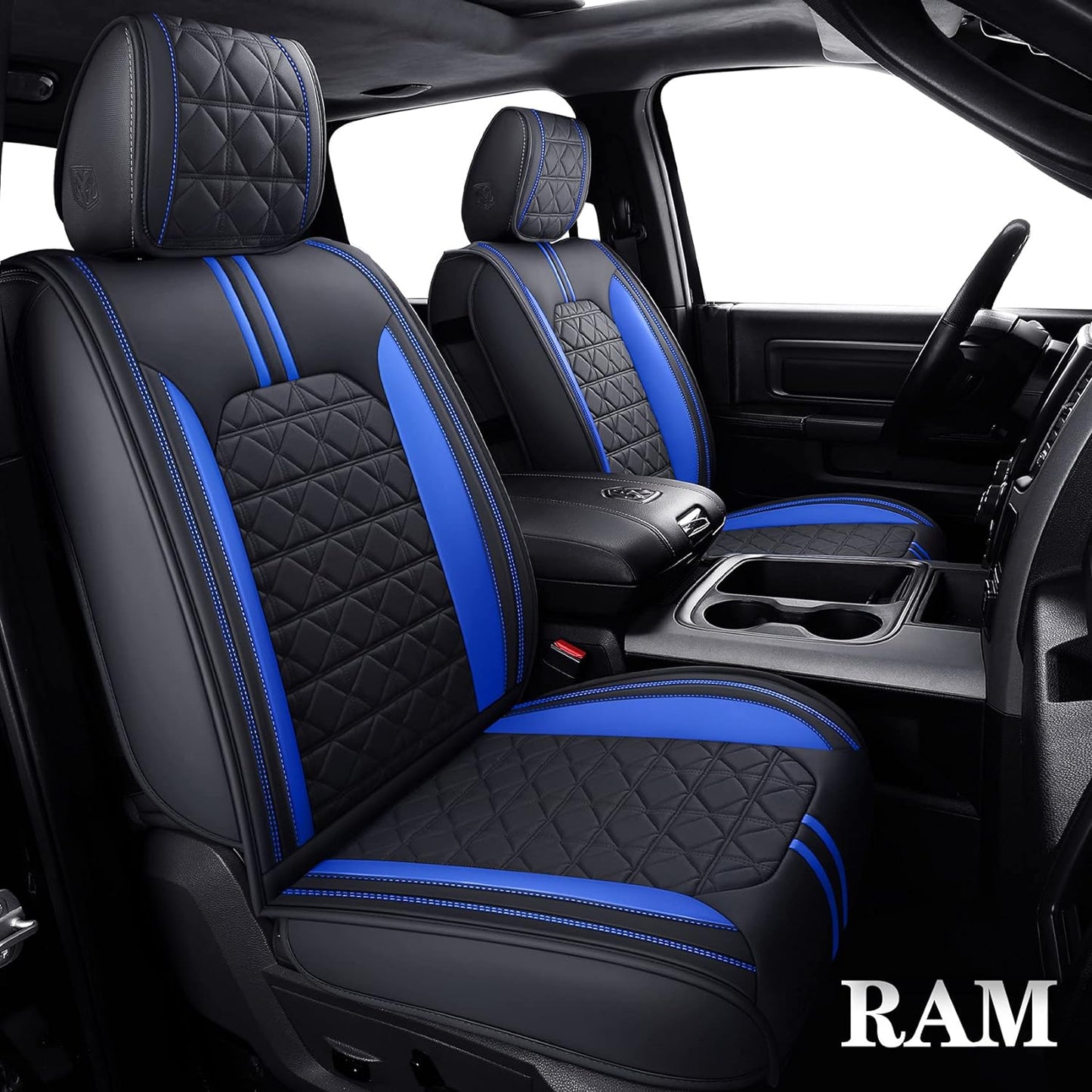 YIERTAI for Dodge RAM Seat Covers Fit 2009-2023 2024 2025 1500 2500 3500HD Crew Double Cab Quad Cab Big Long Horn Rebel Tradesman Laramie Truck Waterproof Leather TSWKM Style(2 PCS Front/Black-White)