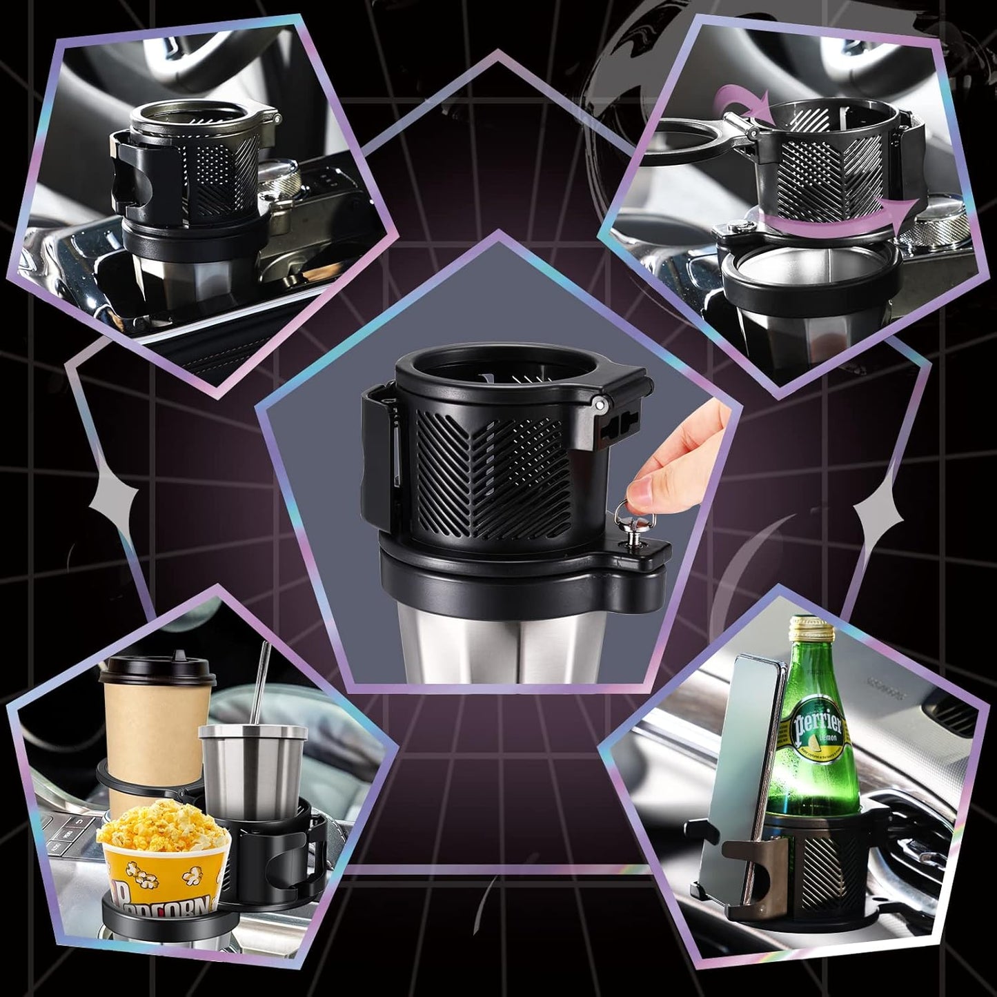 Frienda Car Cup Holder Expander for Car with Cell Phone Stand, Multifunctional Car Cup Holder Adapter for Multiple Cups and Bottles Trash Can Portable Garbage Bin Collapsible, Black