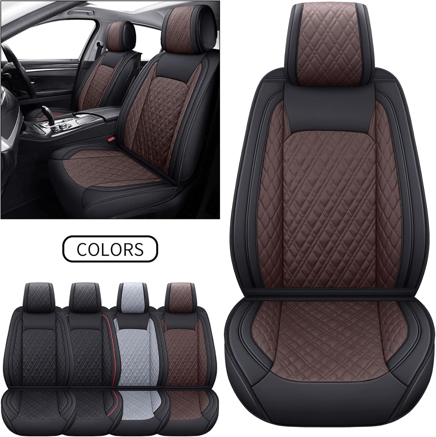 YIERTAI Universal Car Seat Covers Compatible with Toyota Corolla Highlander Honda Civic Odyssey Hybrid Ford Ranger Nissan Rogue Altima Waterproof Leather(2 PCS Front/Black-Brown)