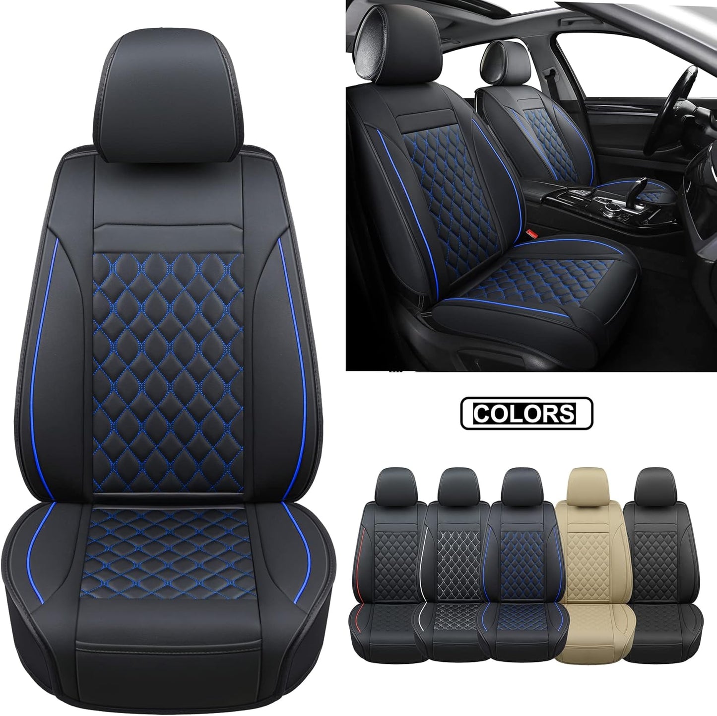 Vankerful Car Seat Covers Front Pair,Universal Fit for Most Cars,SUV,Sedans and Pick-up Trucks,Automotive Faux Leather Vehicle Cushion Covers(Front Pair,Black/Blue)