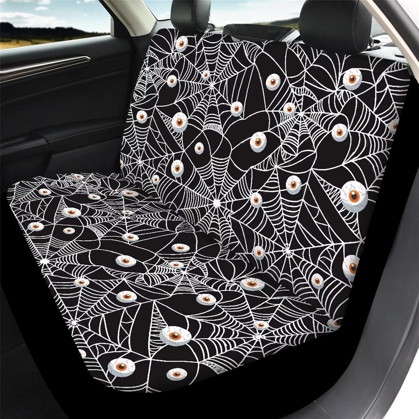 DISNIMO Spider Eyes Car Seat Cover Full Set for Women for Halloween Decorations, 4pcs Breathable Front Seat Rear Backrest Cover Soft Fabric Rear Bottom Bench Cover Universal Fit for Trucks Sedan SUV