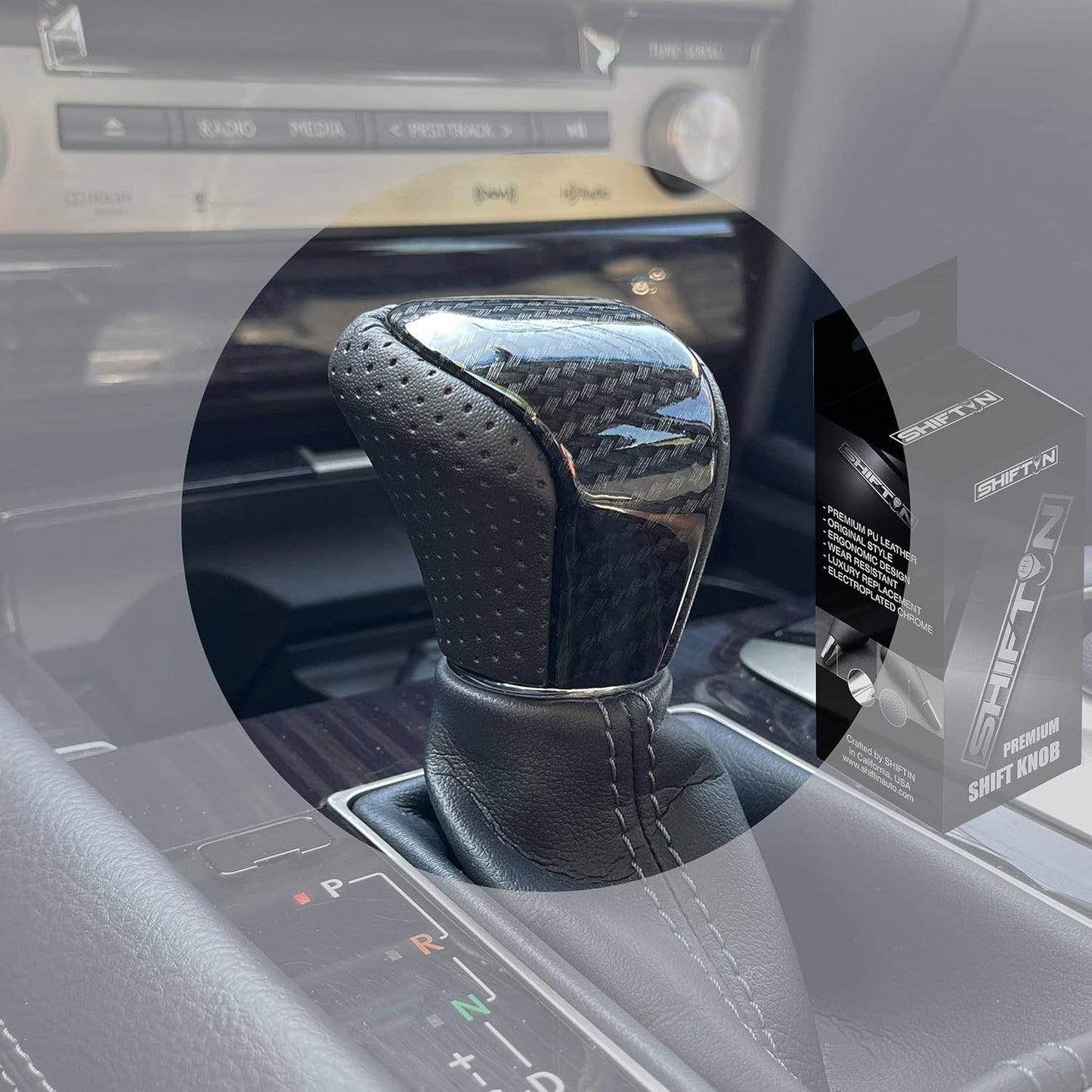 SHIFTIN Leather & Carbon Fiber Wood Trim Gear Shift Knob Gearbox Shifter for Lexus LS460 F-Sport LS-460-L LS600 LS-600h-L and Fits Lexus LX570 LX 570 (Black Leather / Carbon Fiber Pattern)