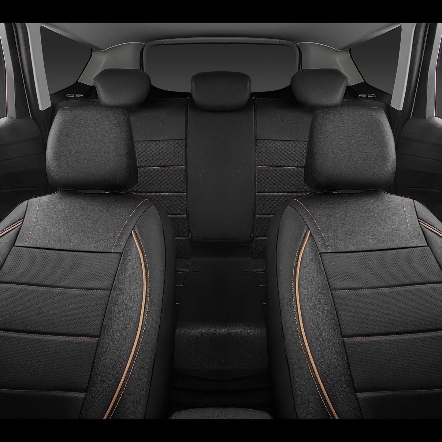 CAR PASS Universal FIT Piping Leather Car Seat Cover, for suvs,Van,Trucks,Airbag Compatible,Inside Zipper Design and Reserved Opening Holes (Full seat Covers, Black and Beige)