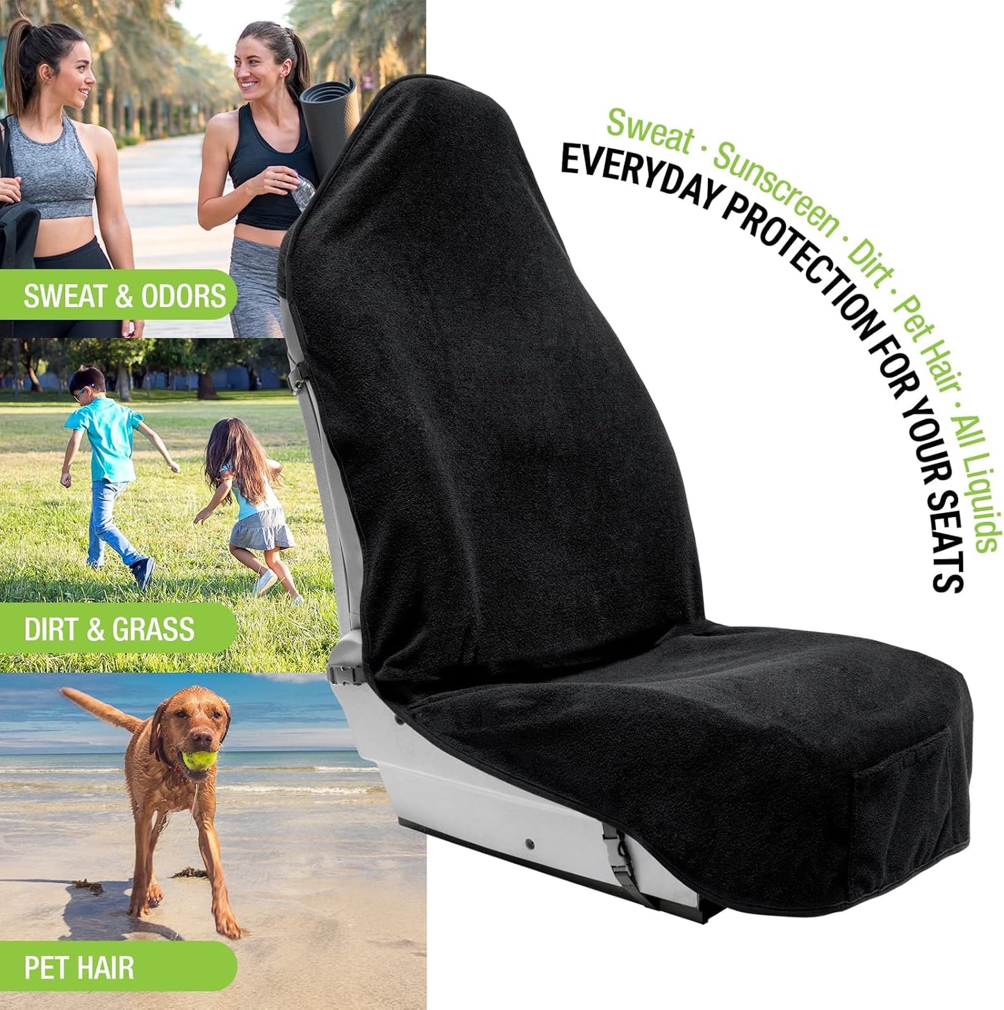 Season Guard Terry Cloth Sweat Towel Seat Cover; Carseat Towel Protector; Great for Gym Workout; Waterproof; Universal Fit for Car SUV Van Truck; EZ fit; Non Slip Grip; Machine Washable; 2pc Black