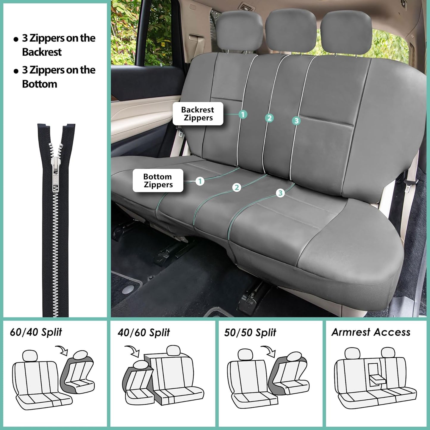 FH Group PU Leather 40/60, 60/40, 50/50 Split Bench Cover w. 3 Headrests Gray
