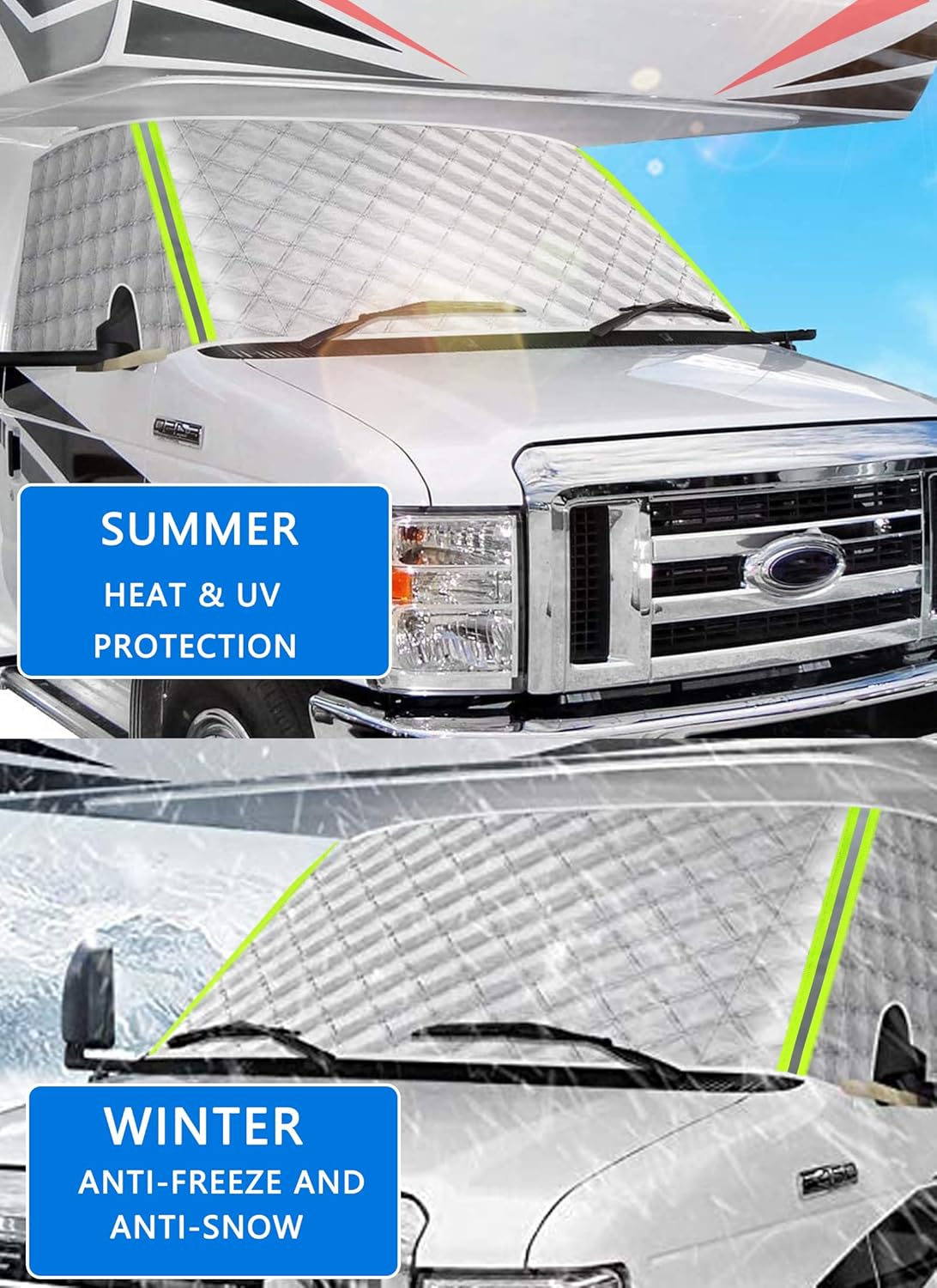 Big Hippo Windshield Cover RV Window Sunshade Cover for Class C Ford E450 1997-2022 Motorhome, UV Block Offer Complete Privacy with Reflective Strips RV Accessories 4 Layers with Mirror Cutouts Silver