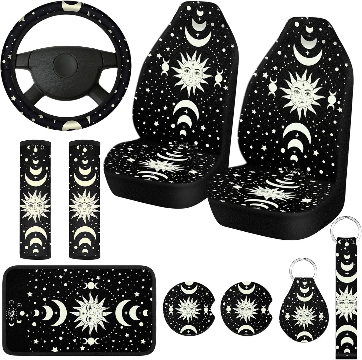 Fiada 10 Pcs Moon Star Car Seat Covers Full Set Car Accessories for Women Front Seat Cover Steering Wheel Armrest Cover Belt Cover Cup Holder for Auto SUV Interior Decoration(Witch)