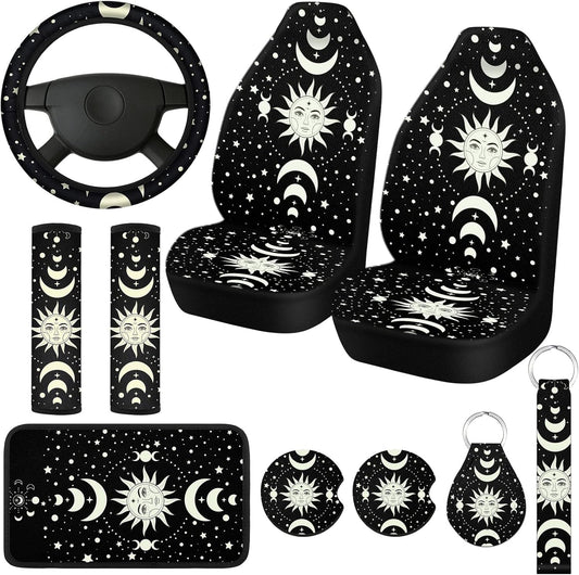 Fiada 10 Pcs Moon Star Car Seat Covers Full Set Car Accessories for Women Front Seat Cover Steering Wheel Armrest Cover Belt Cover Cup Holder for Auto SUV Interior Decoration(Witch)